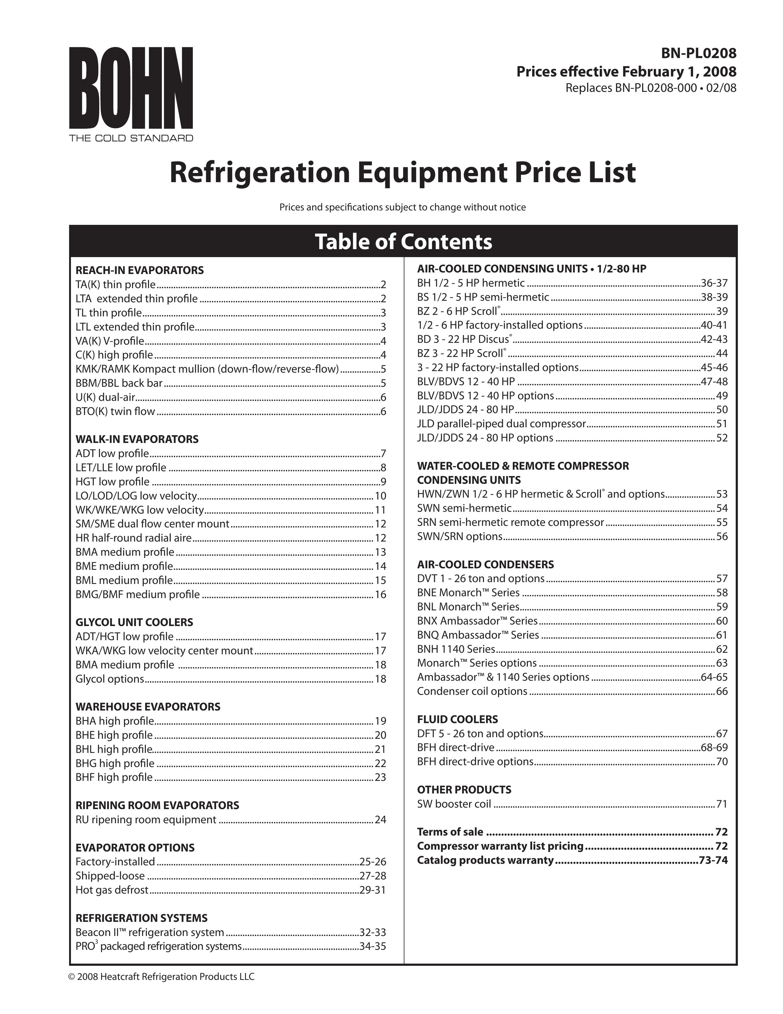 Heatcraft Refrigeration Products BN-PL0208 Refrigerator User Manual
