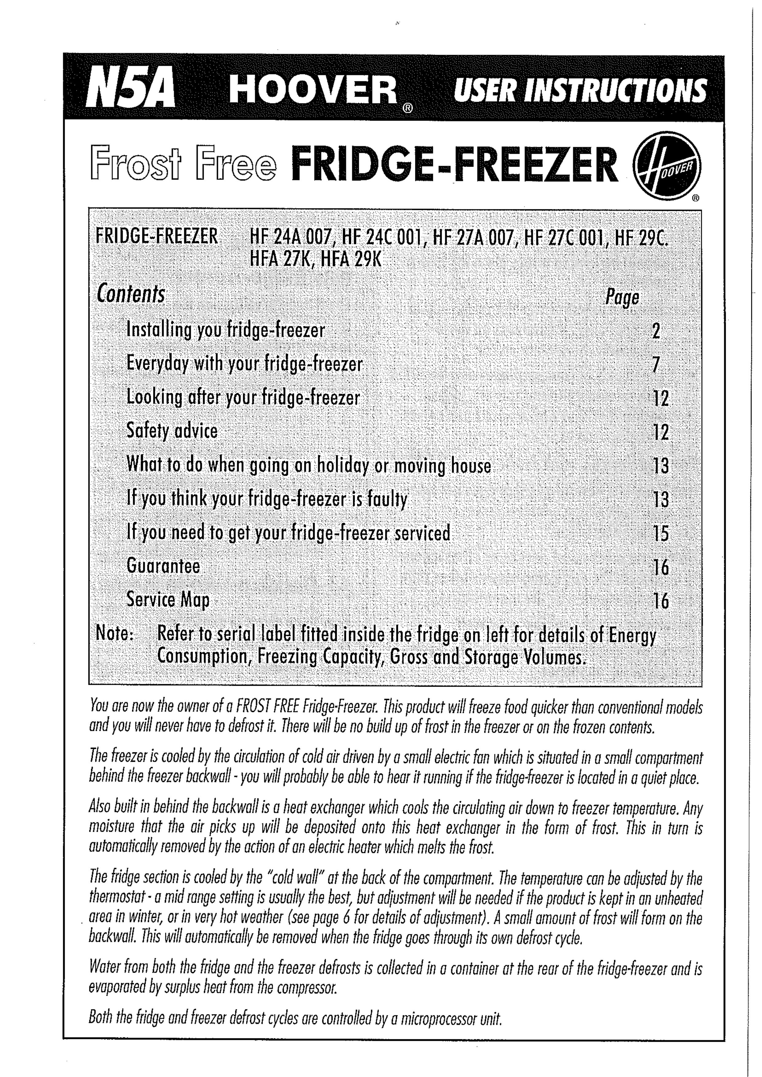 Hoover HF24C001 Refrigerator User Manual