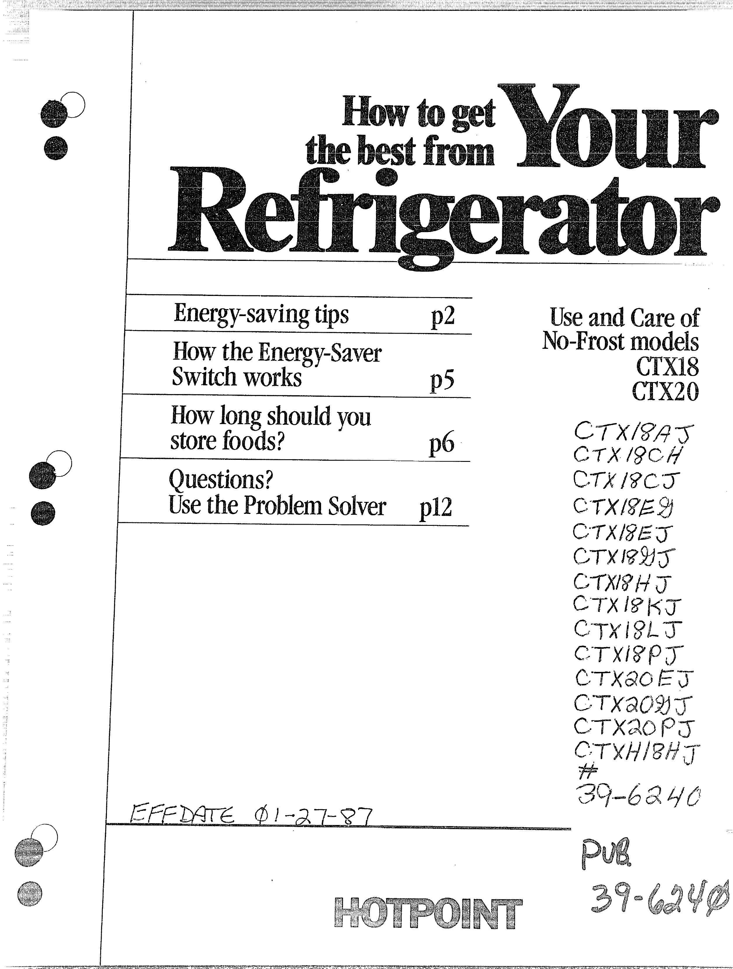 Hotpoint 39-6240 Refrigerator User Manual