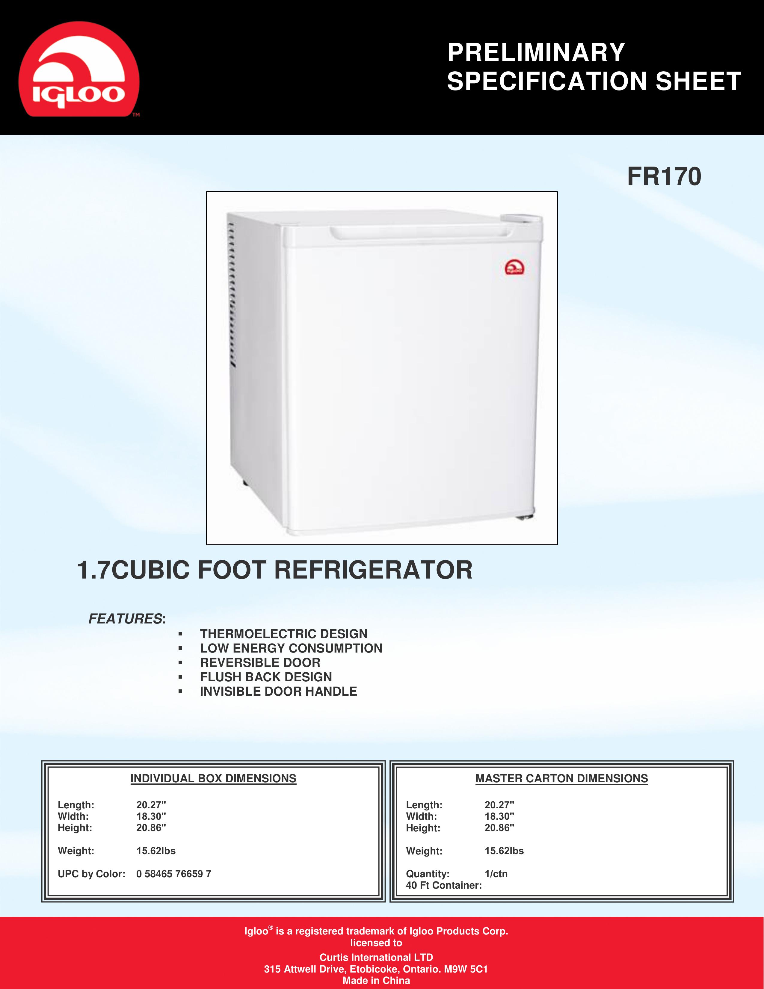 Igloo FR170 Refrigerator User Manual