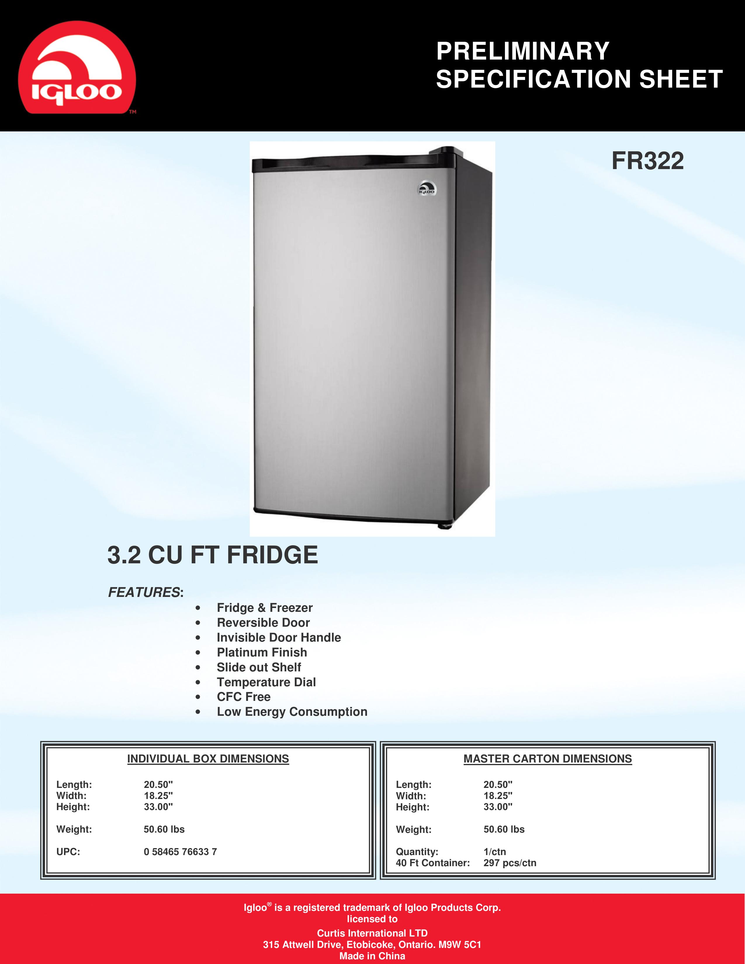 Igloo FR322 Refrigerator User Manual