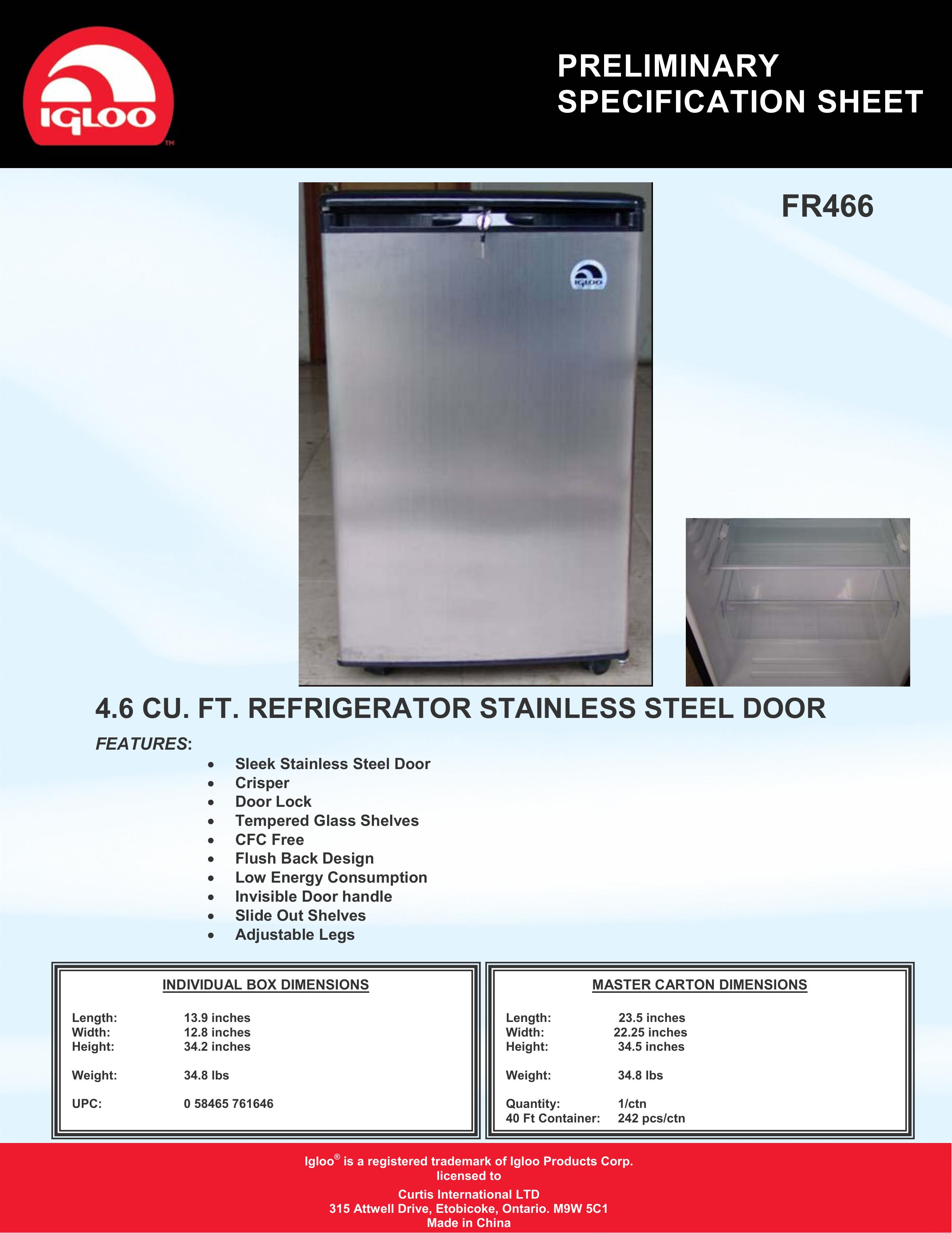 Igloo FR466 Refrigerator User Manual
