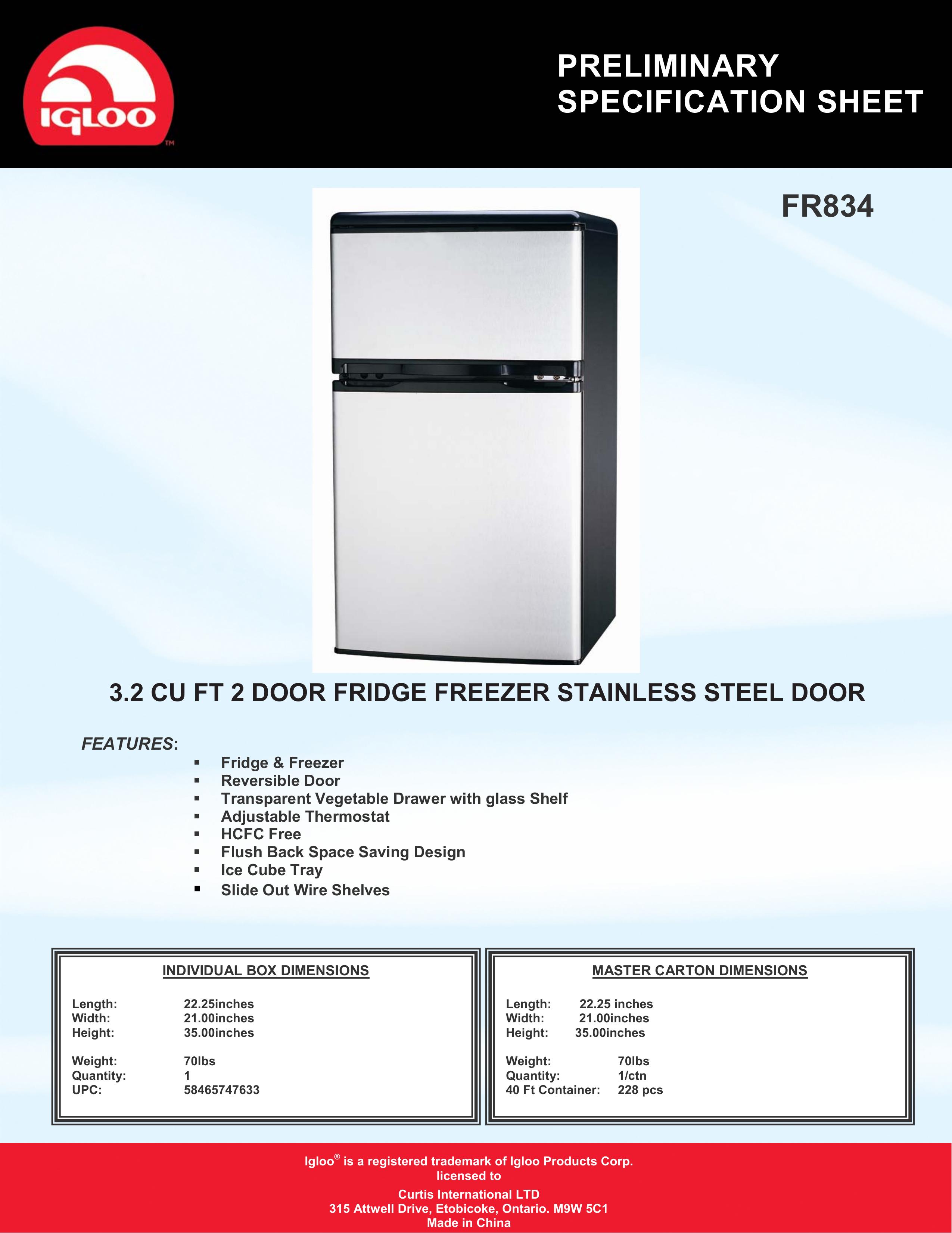Igloo FR834 Refrigerator User Manual