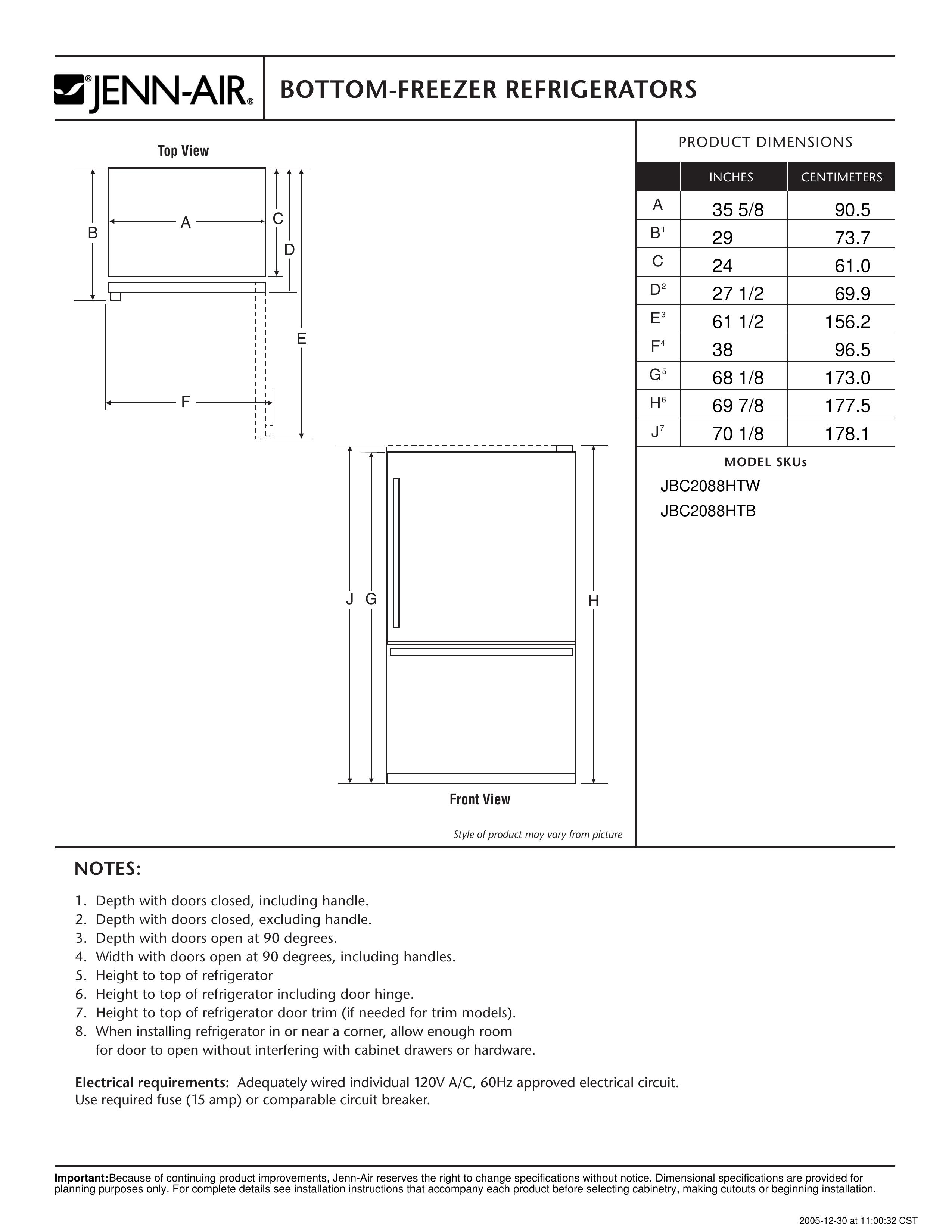 Jenn-Air JBC2088HTB Refrigerator User Manual