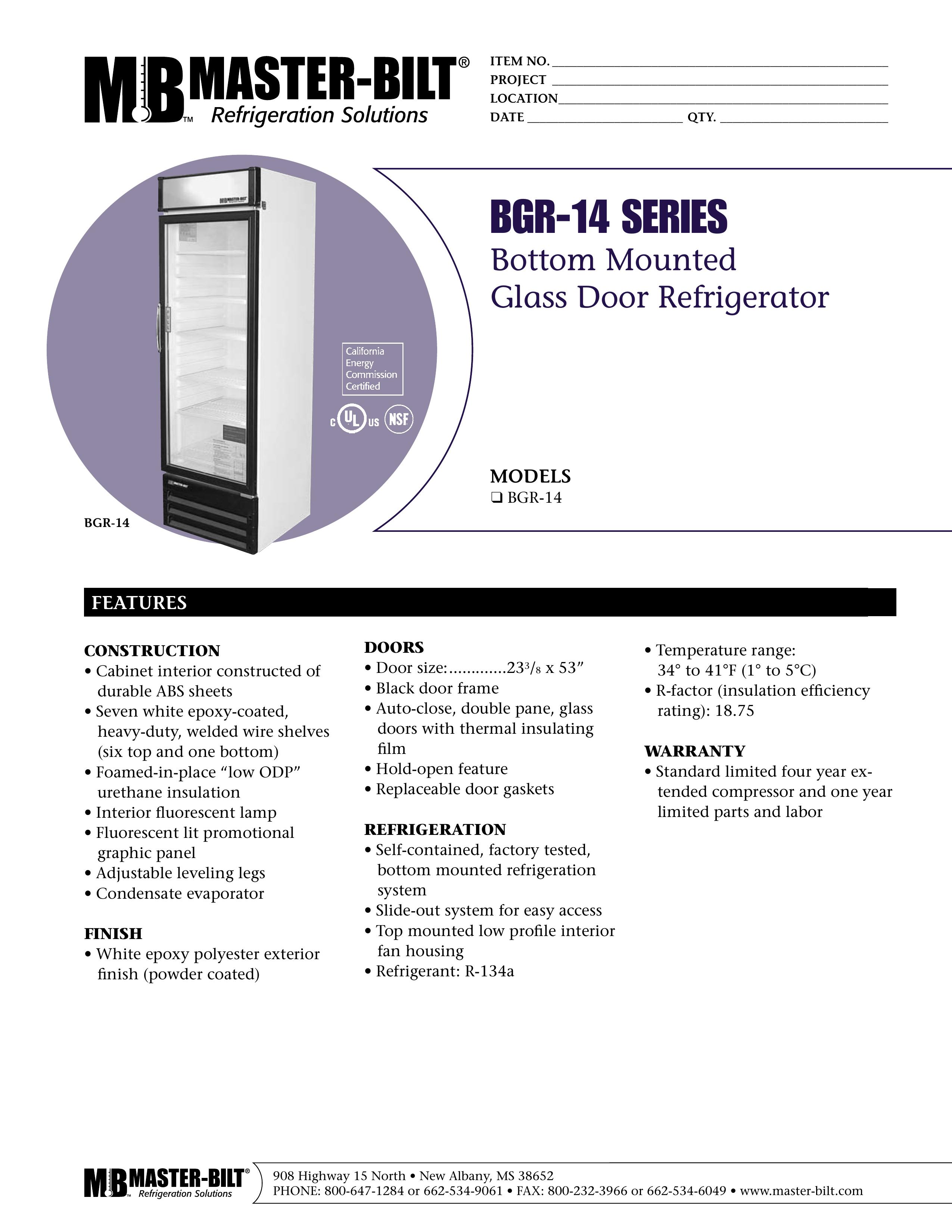 Master Bilt BGR-14 Refrigerator User Manual