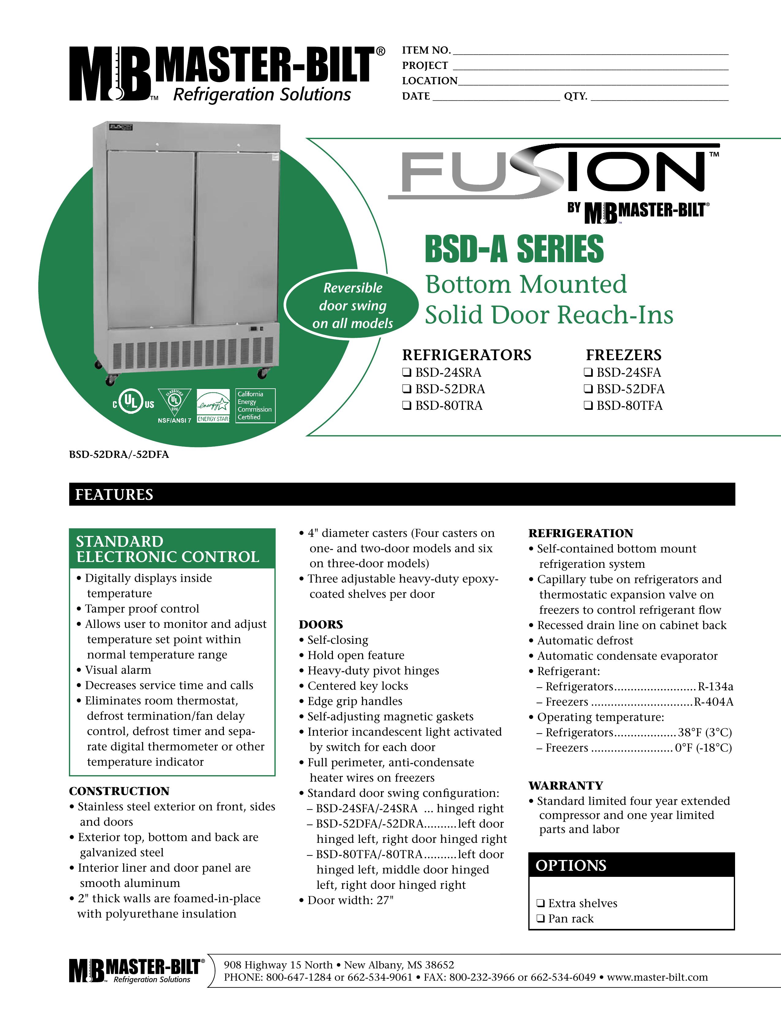 Master Bilt BSD-80TFA Refrigerator User Manual