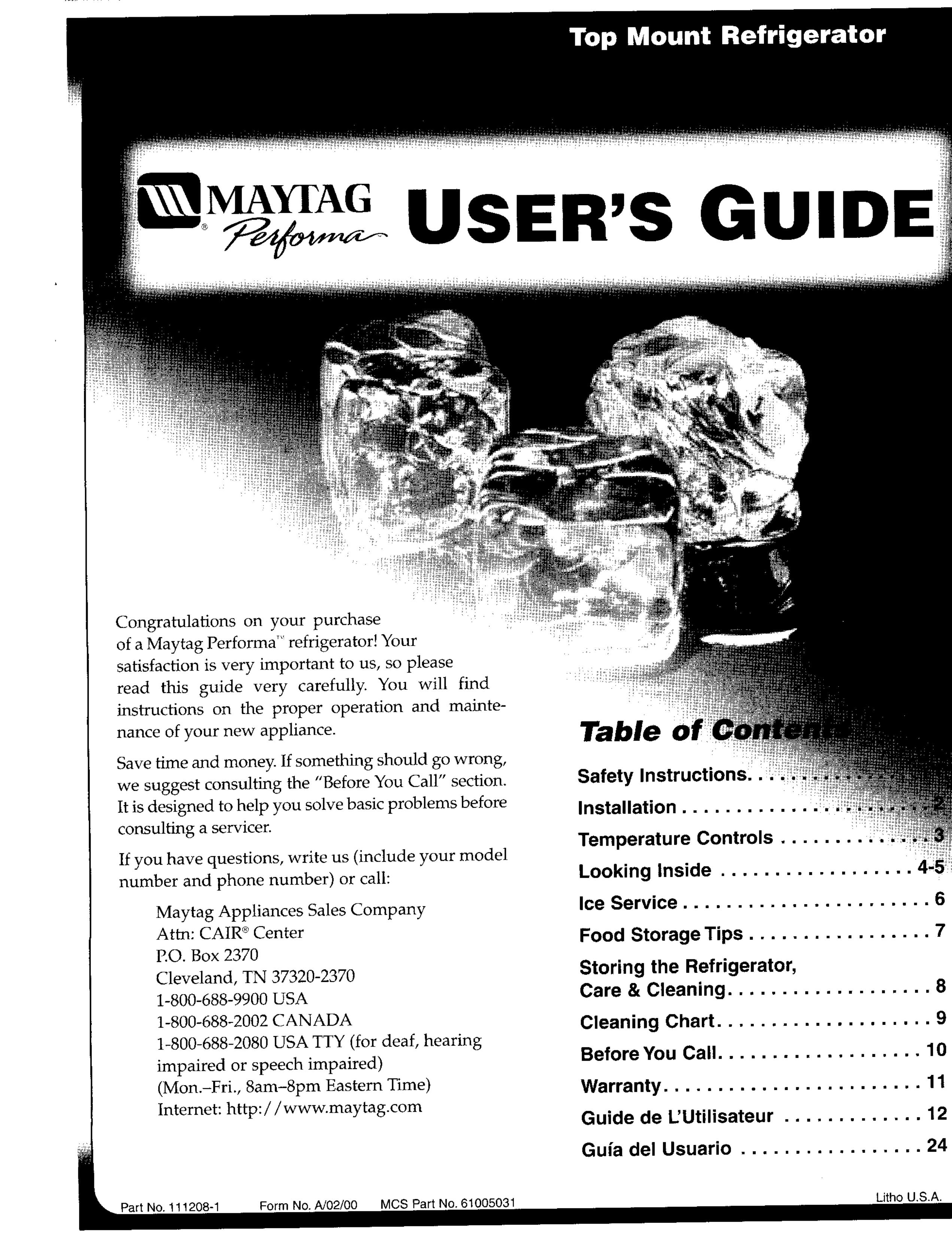 Maytag 111208-1 Refrigerator User Manual