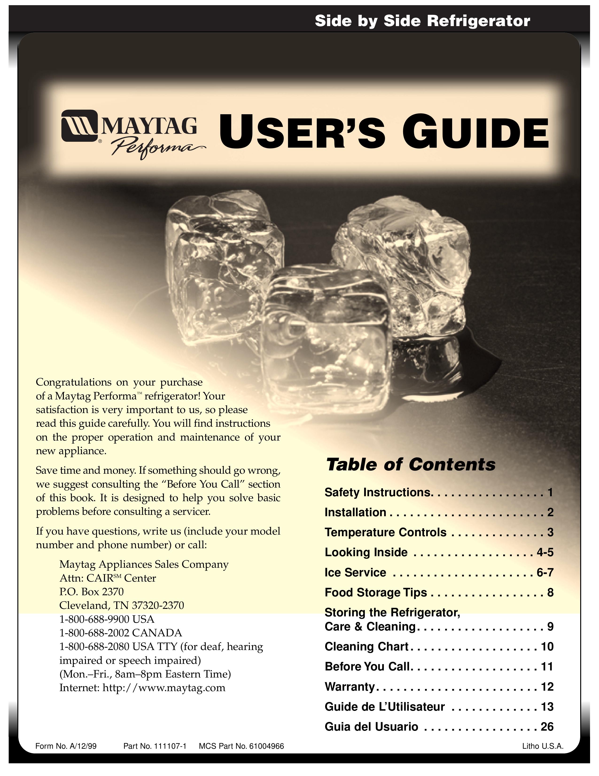 Maytag 61004966 Refrigerator User Manual