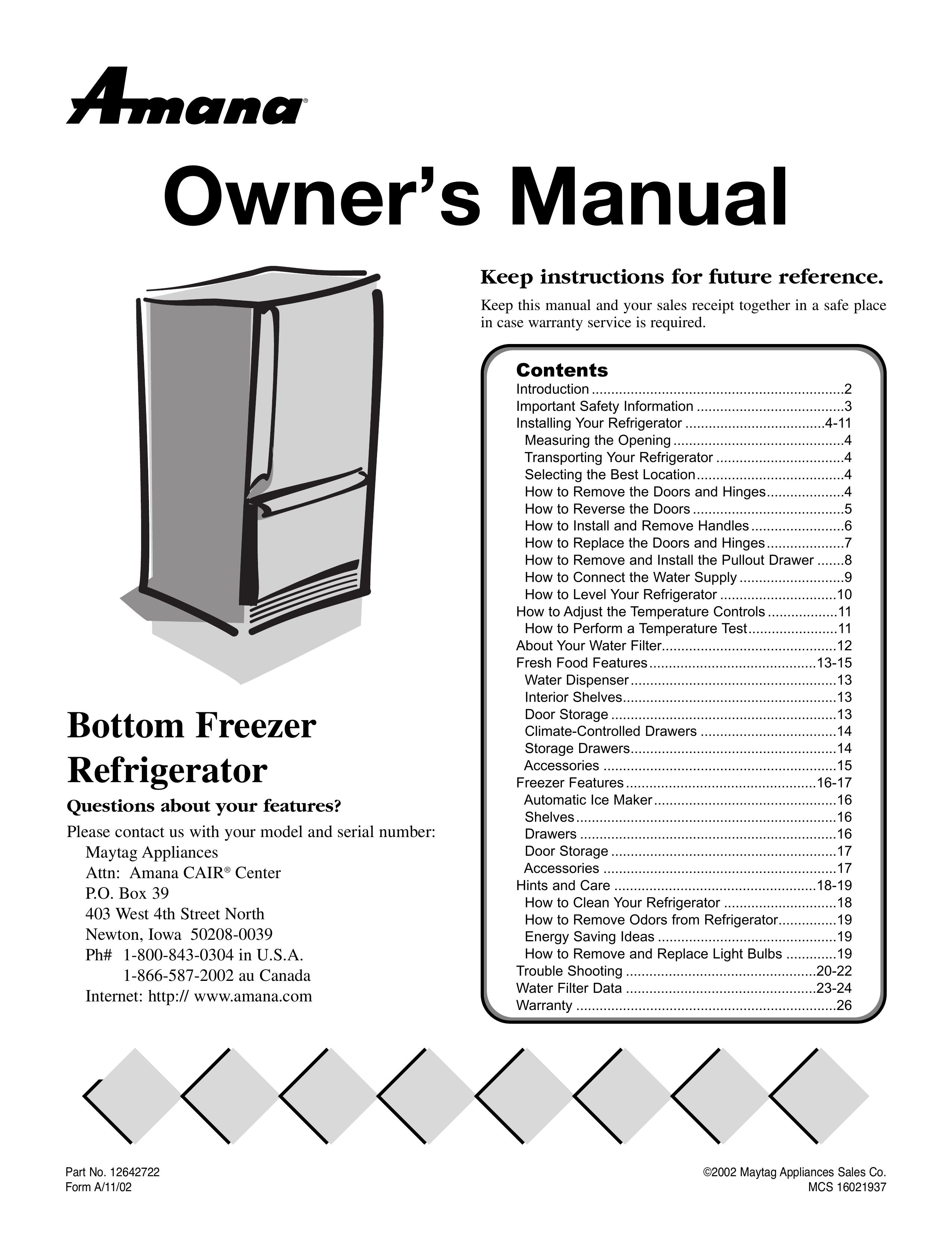 Maytag AFD2535DEW Refrigerator User Manual