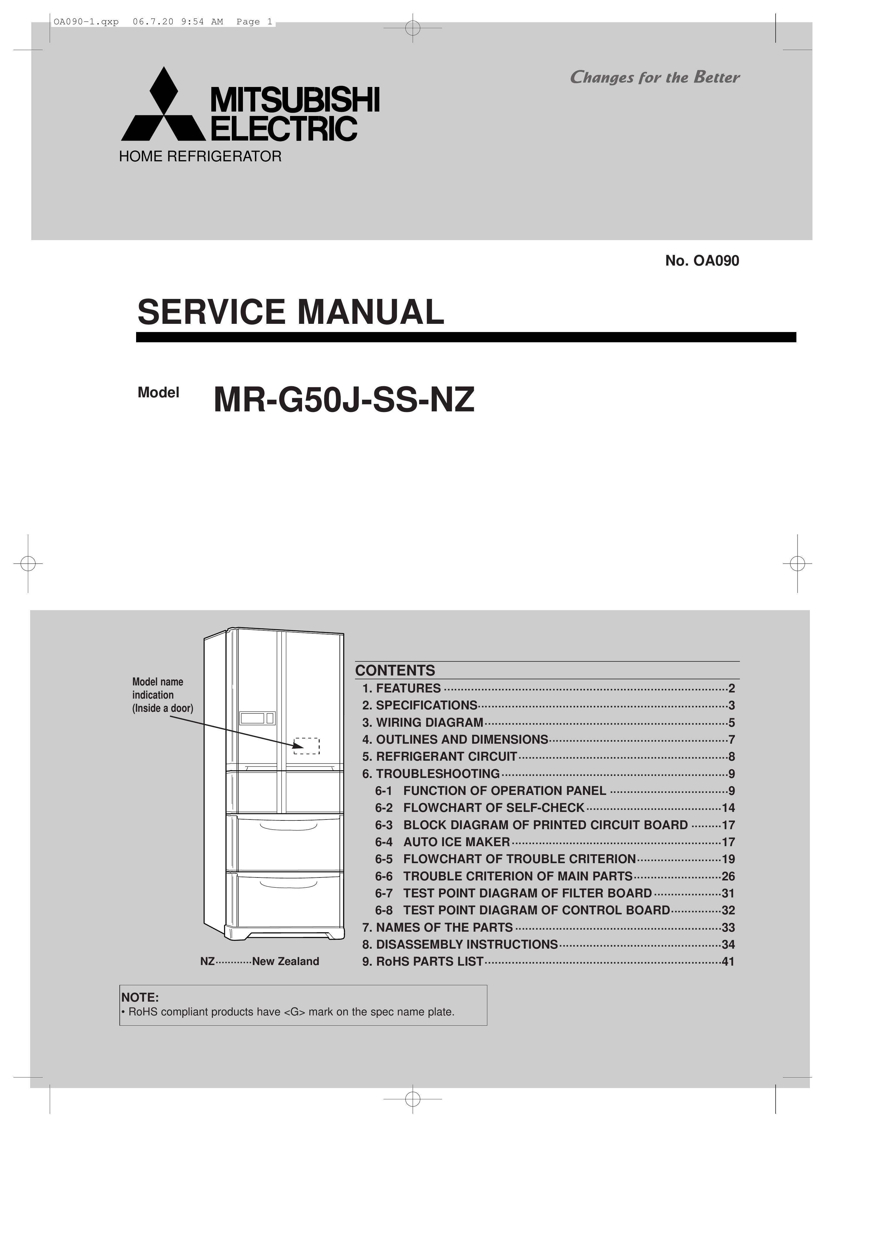 Mitsubishi Electronics MR-G50J-SS-NZ Refrigerator User Manual