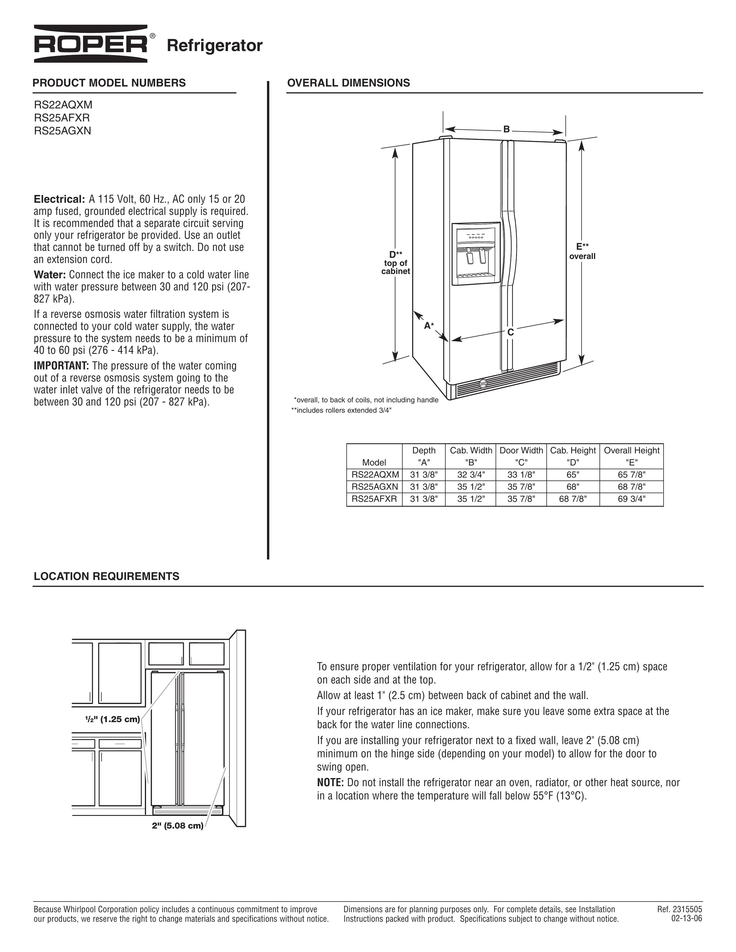 Roper RS25AGXN Refrigerator User Manual