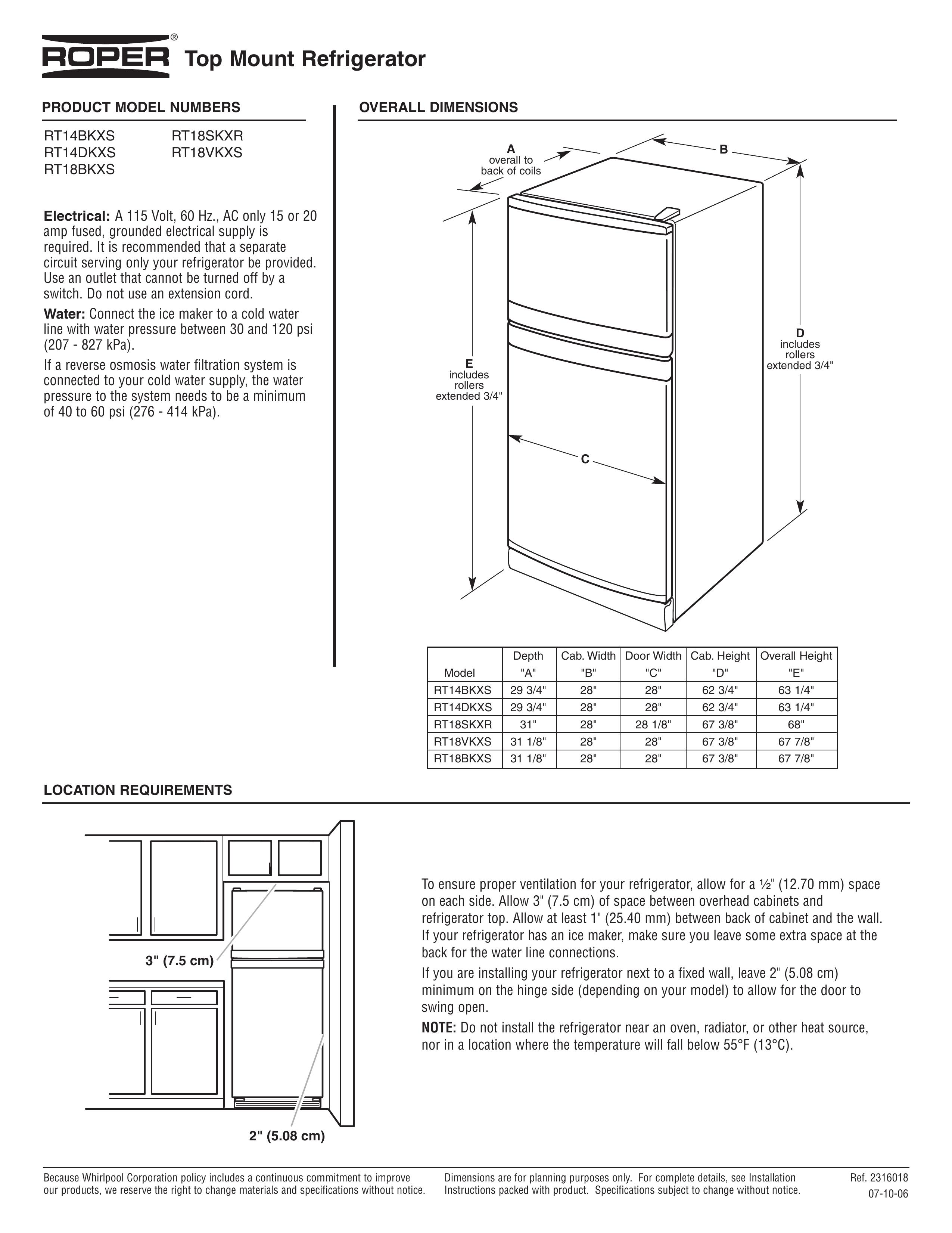 Roper RT18SKXR Refrigerator User Manual