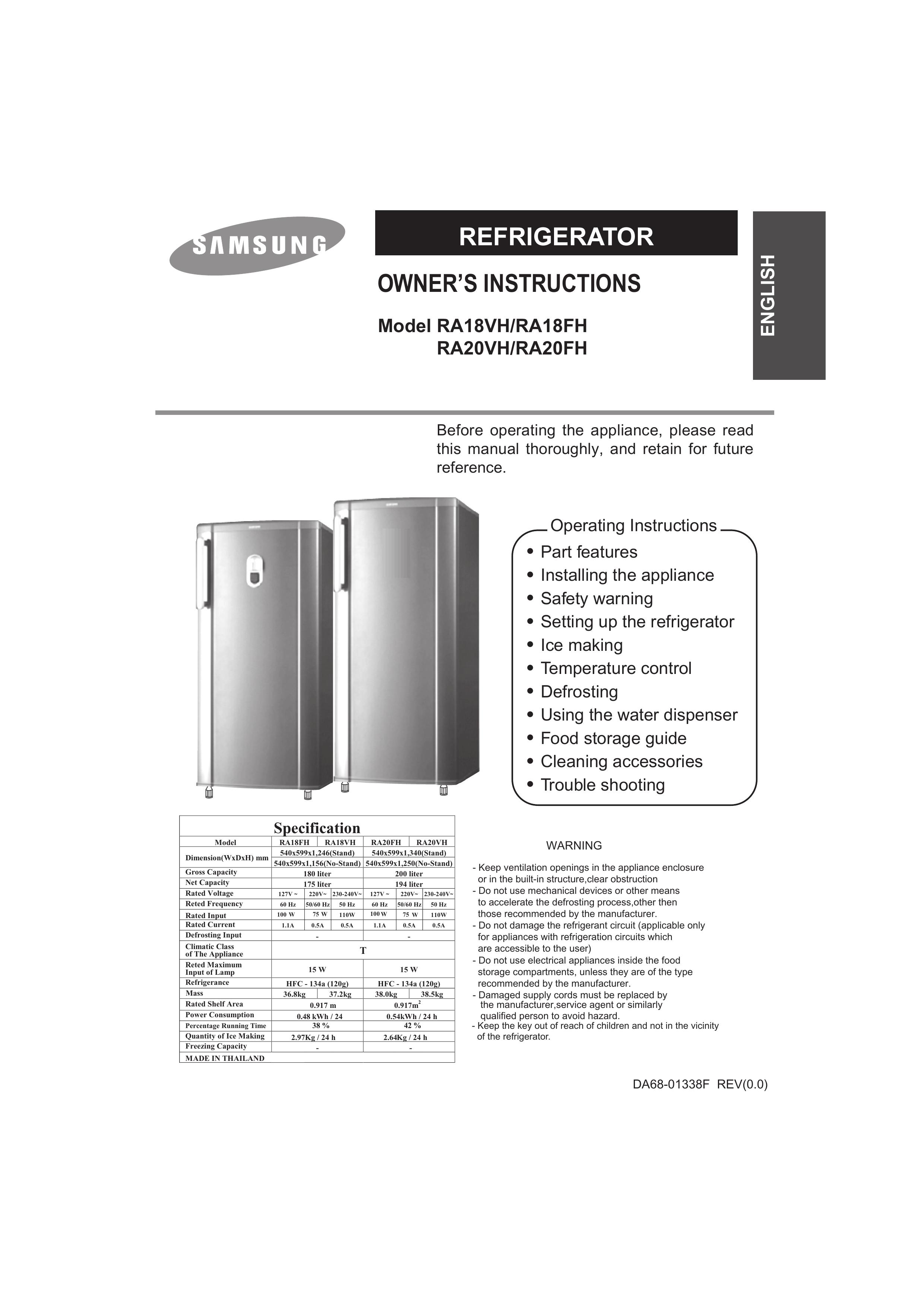Samsung RA18FH Refrigerator User Manual