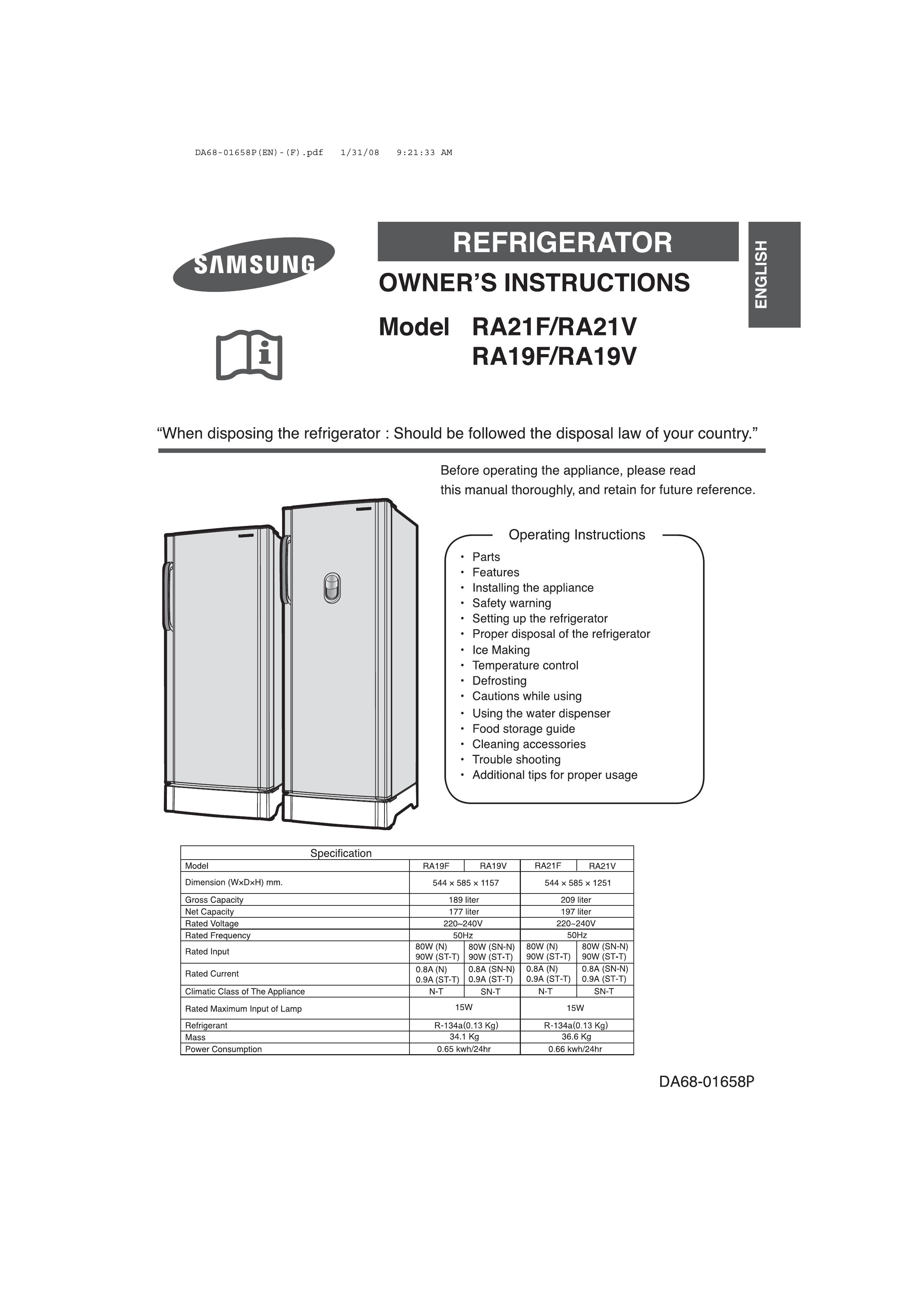 Samsung RA19V Refrigerator User Manual