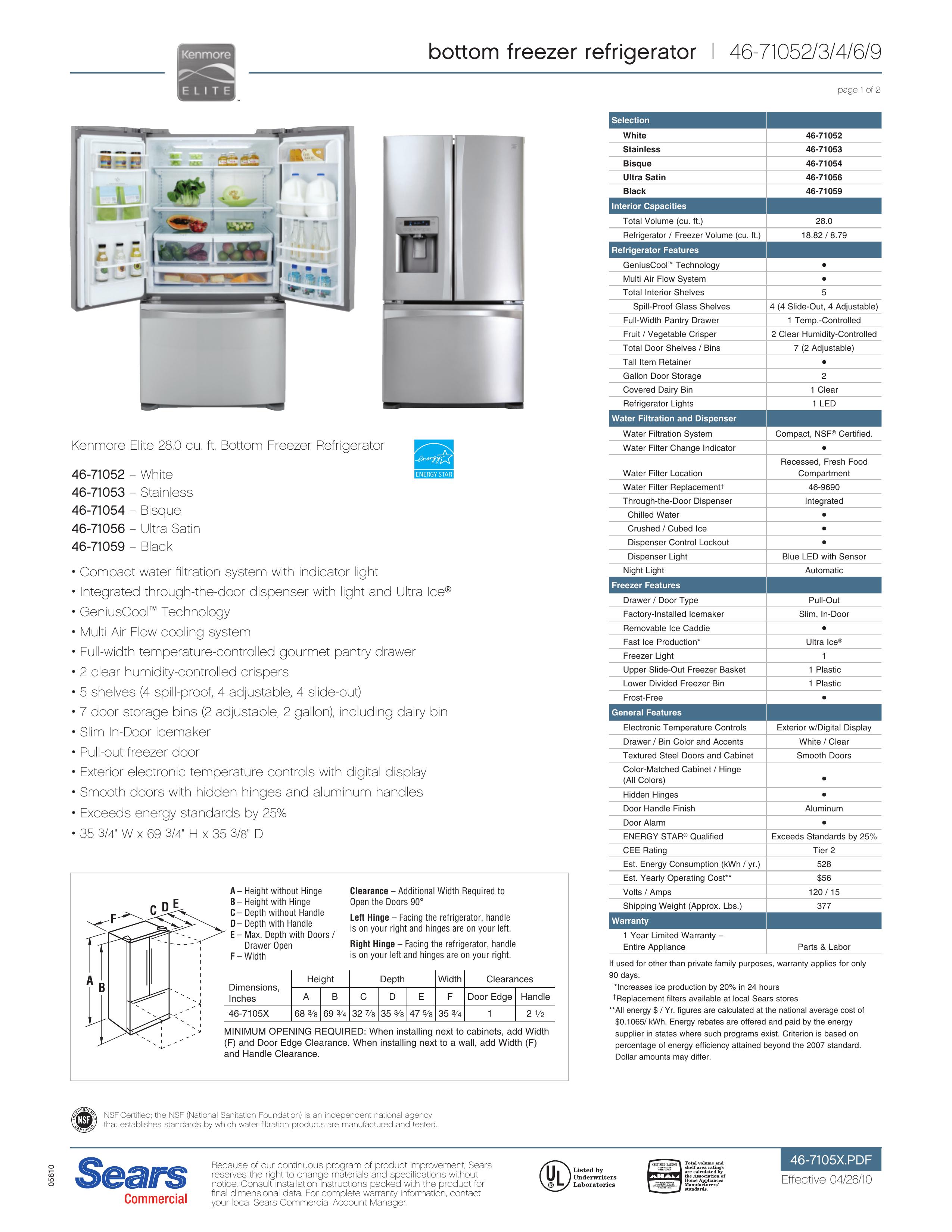 Sears 46-71054 Refrigerator User Manual