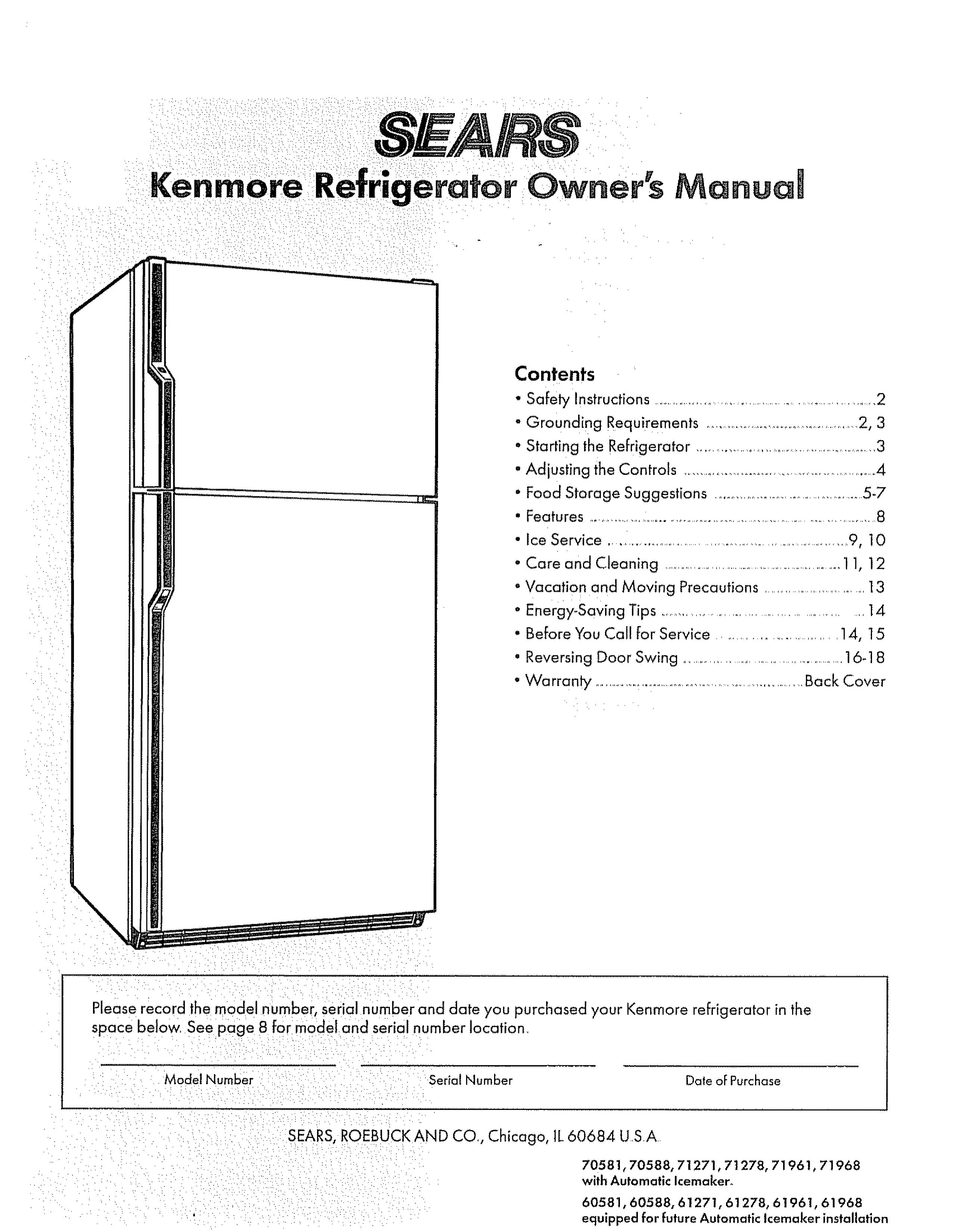 Sears 61271 Refrigerator User Manual