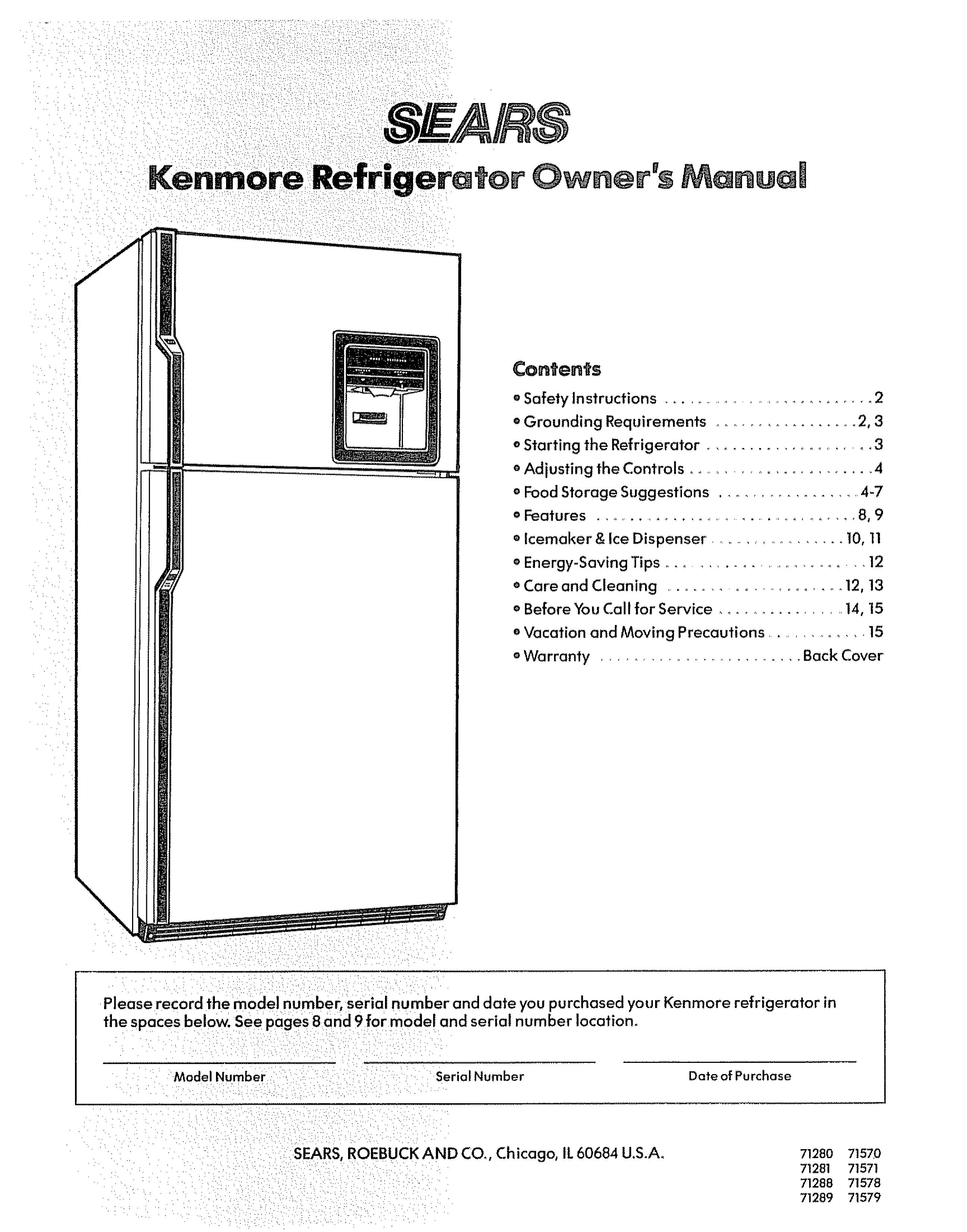 Sears 71288 Refrigerator User Manual