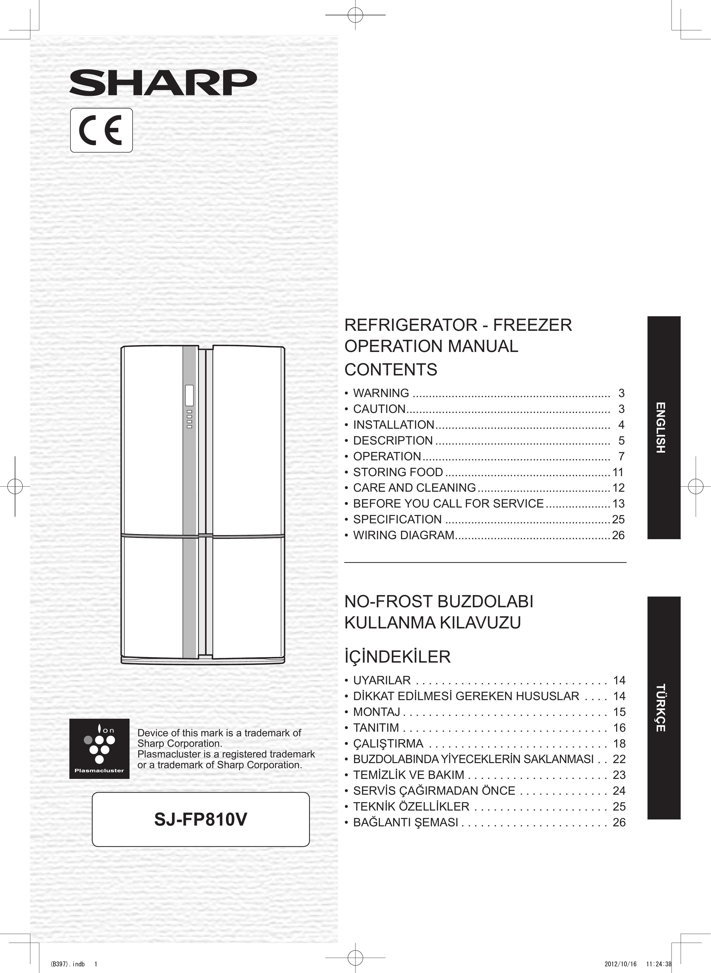 Sharp SJ-FP810V Refrigerator User Manual