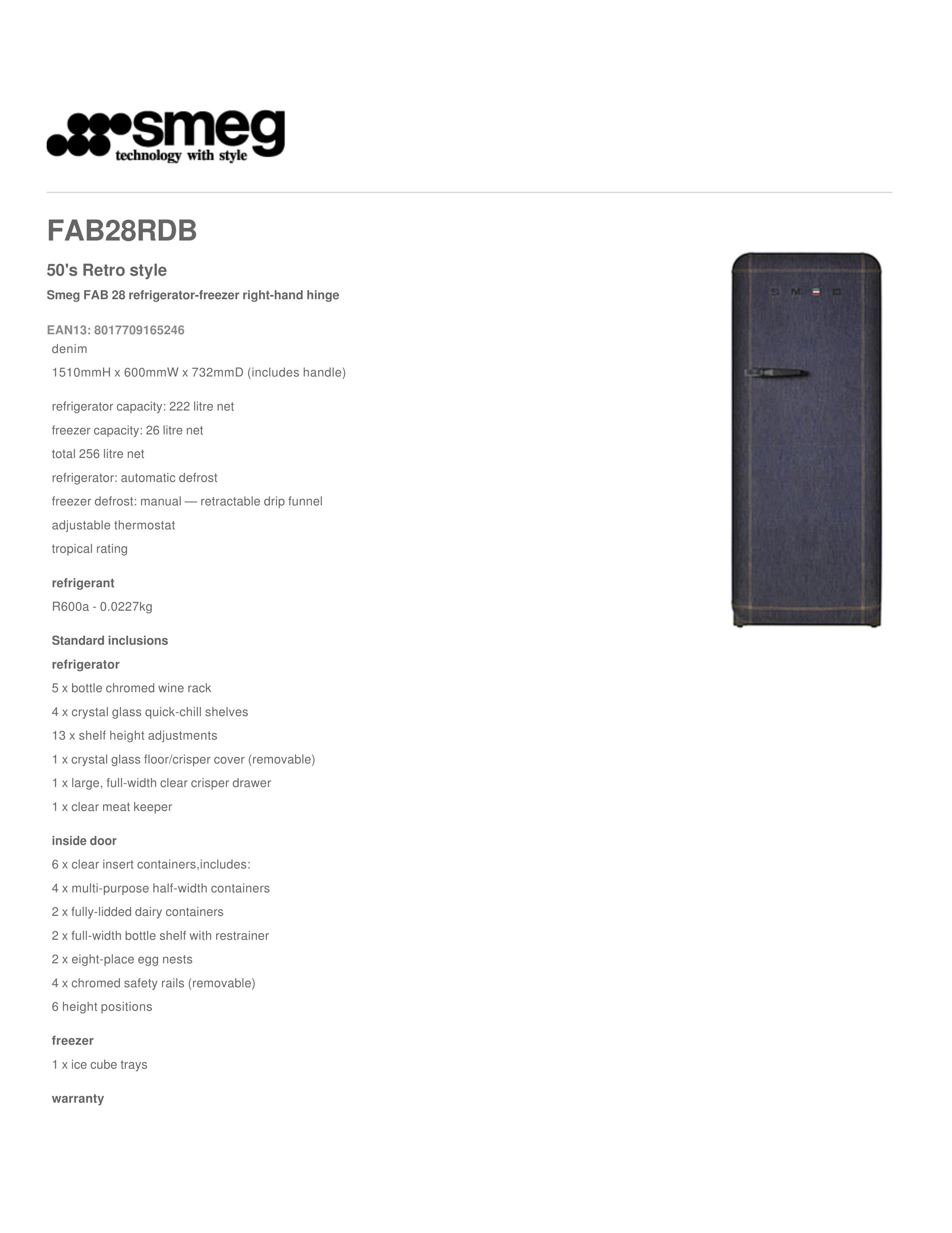 Smeg EAN13: 8017709165246 Refrigerator User Manual