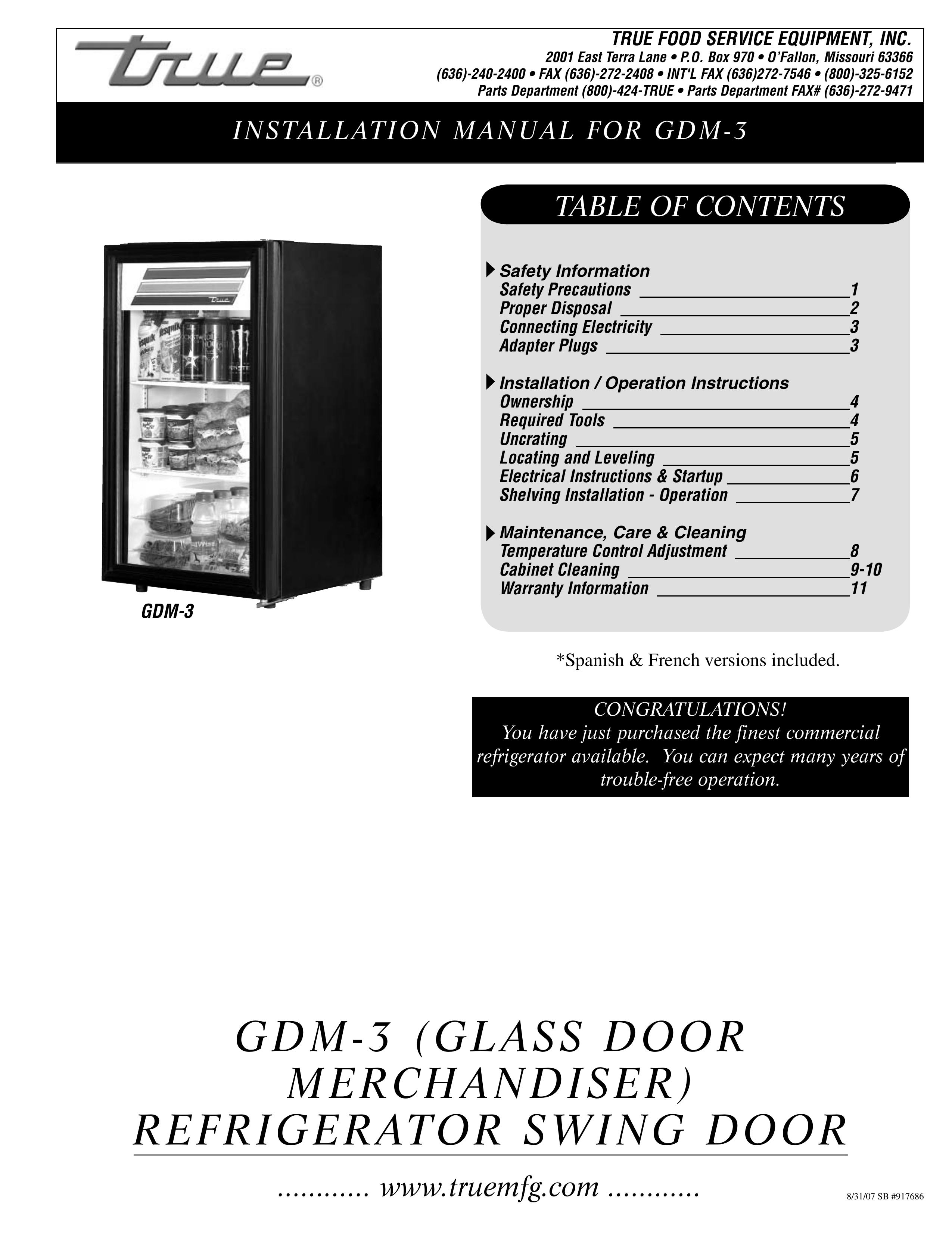 True Manufacturing Company GDM-3 Refrigerator User Manual