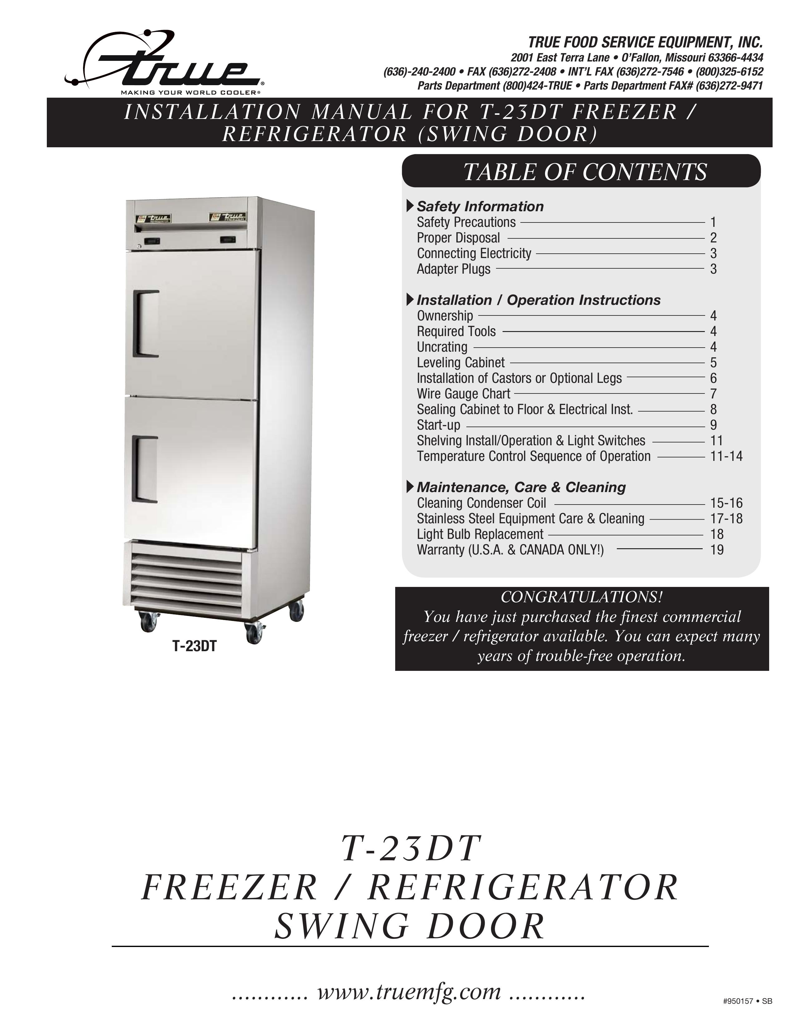 True Manufacturing Company T-23DT Refrigerator User Manual