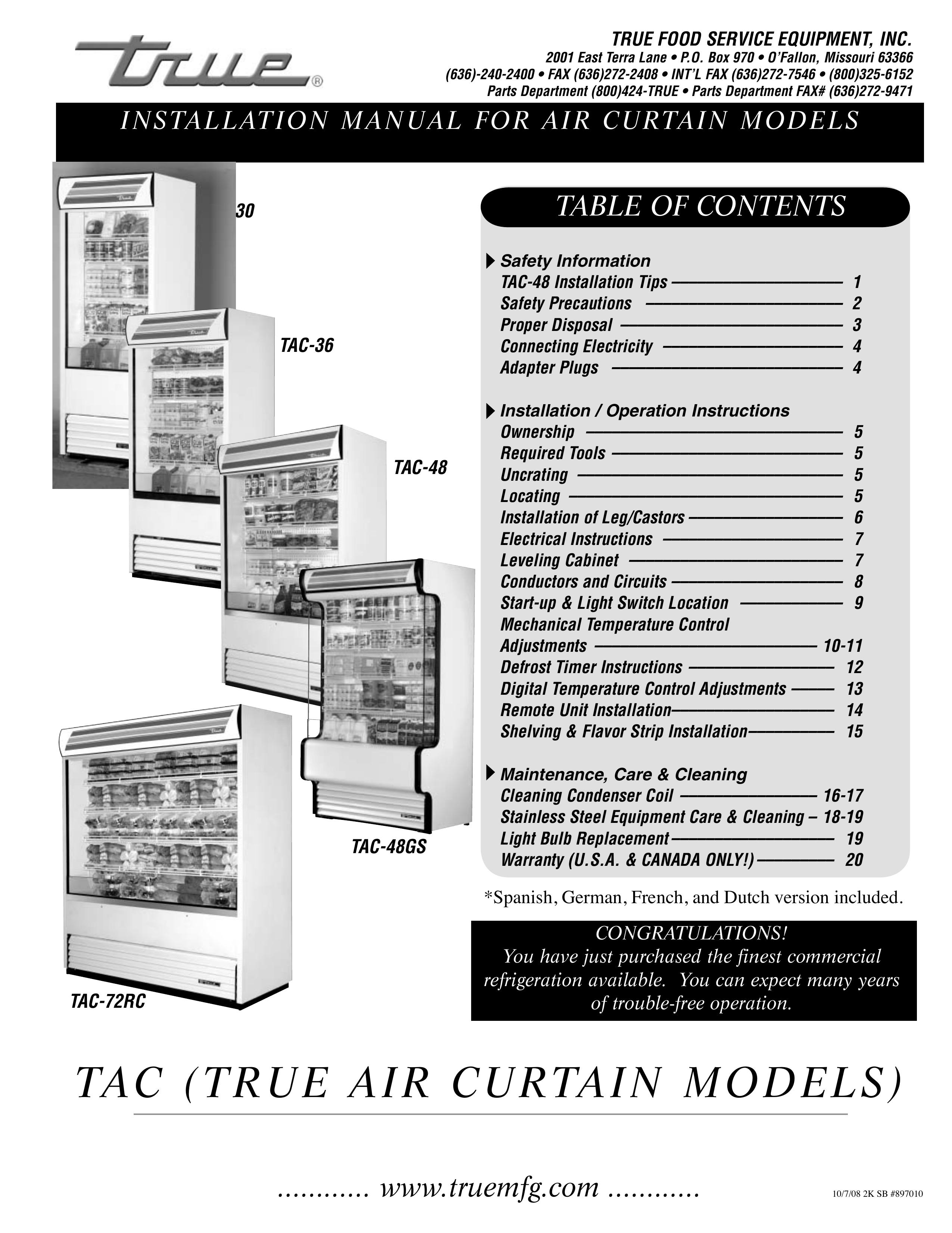 True Manufacturing Company TAC-30 Refrigerator User Manual