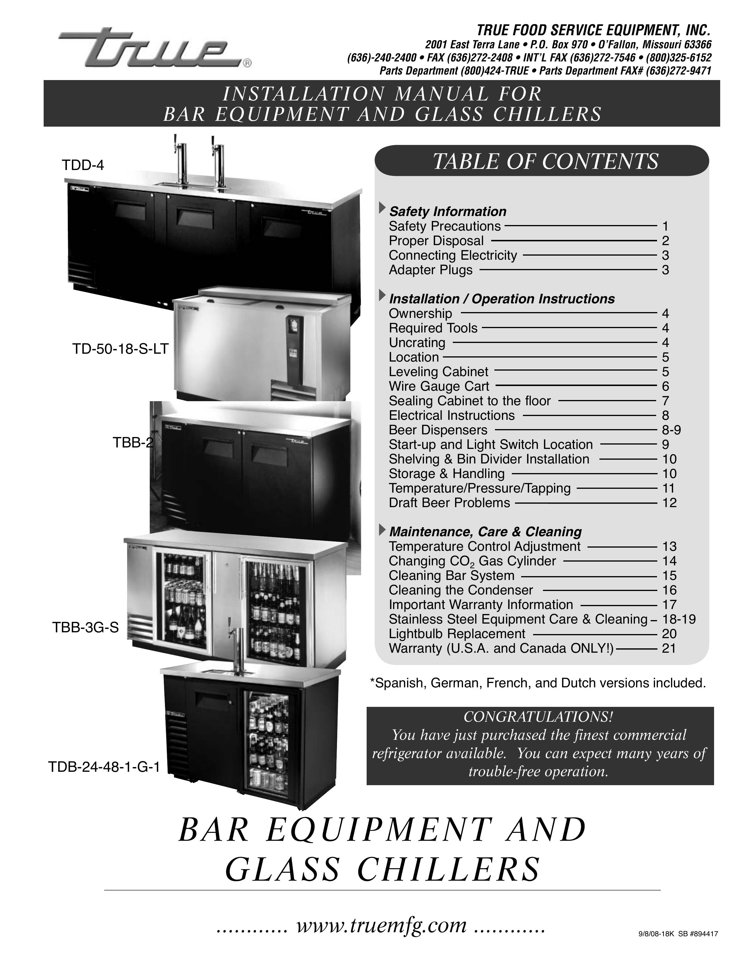 True Manufacturing Company TBB-3G-S Refrigerator User Manual