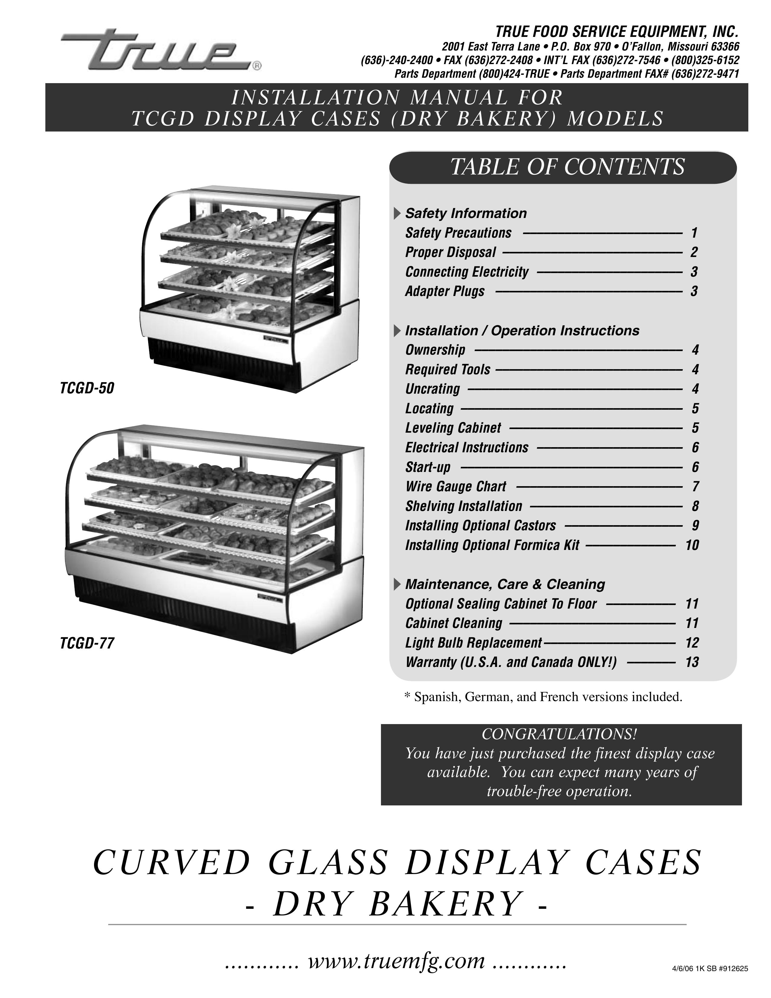 True Manufacturing Company TCGD-50 Refrigerator User Manual