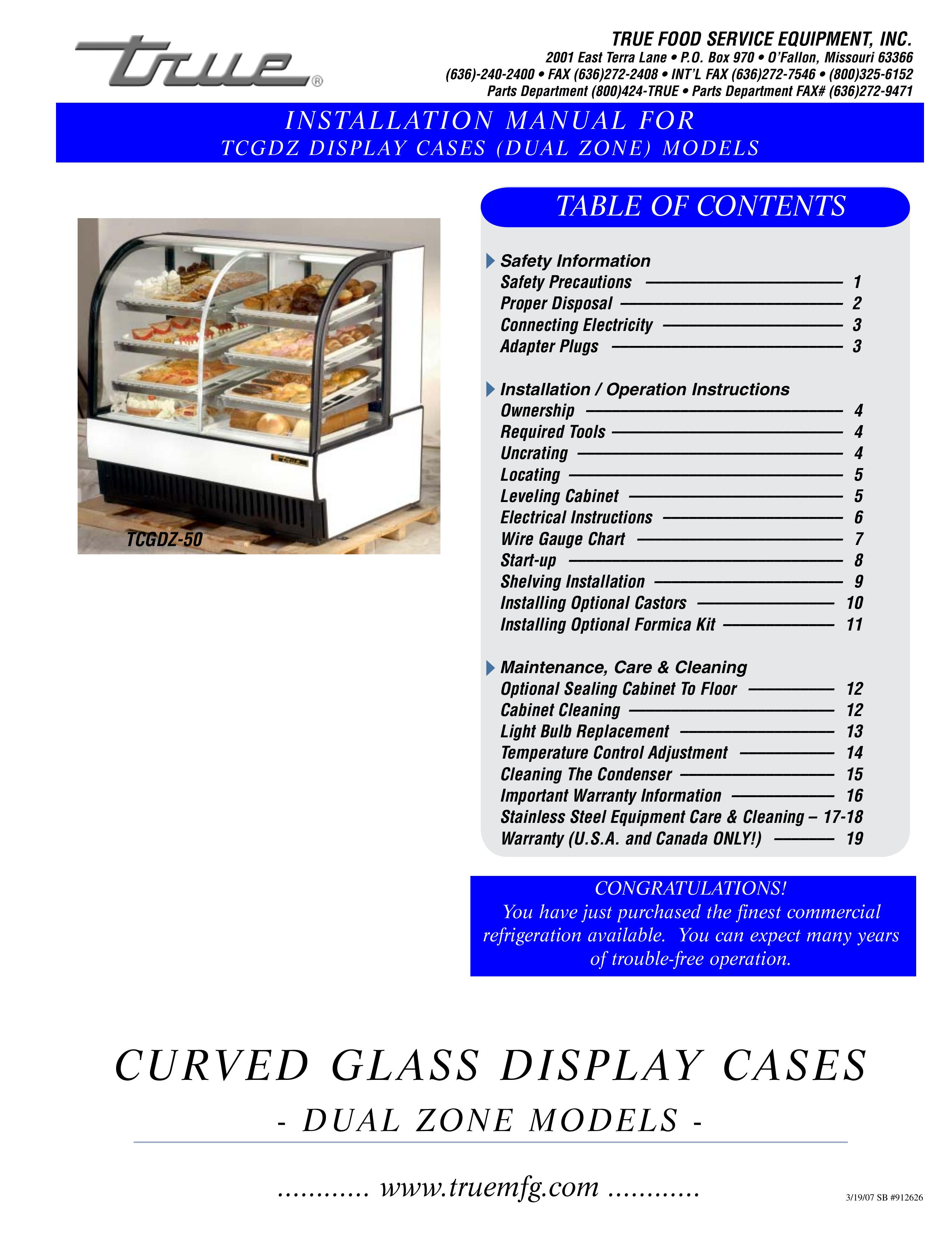 True Manufacturing Company TCGDZ-50 Refrigerator User Manual