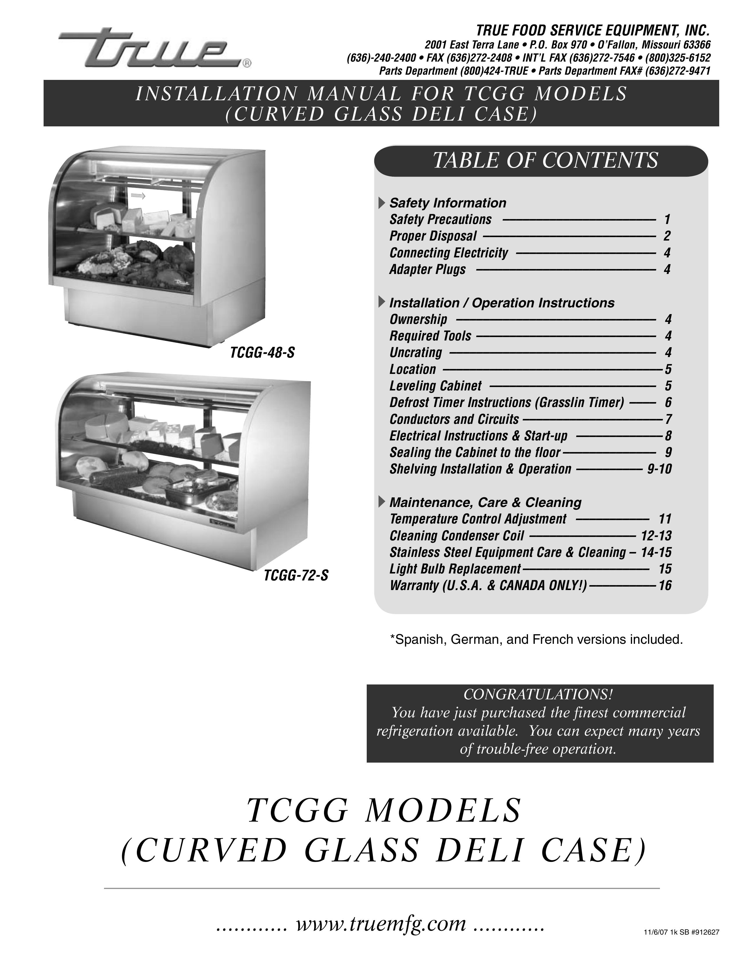 True Manufacturing Company TCGG-72-S Refrigerator User Manual