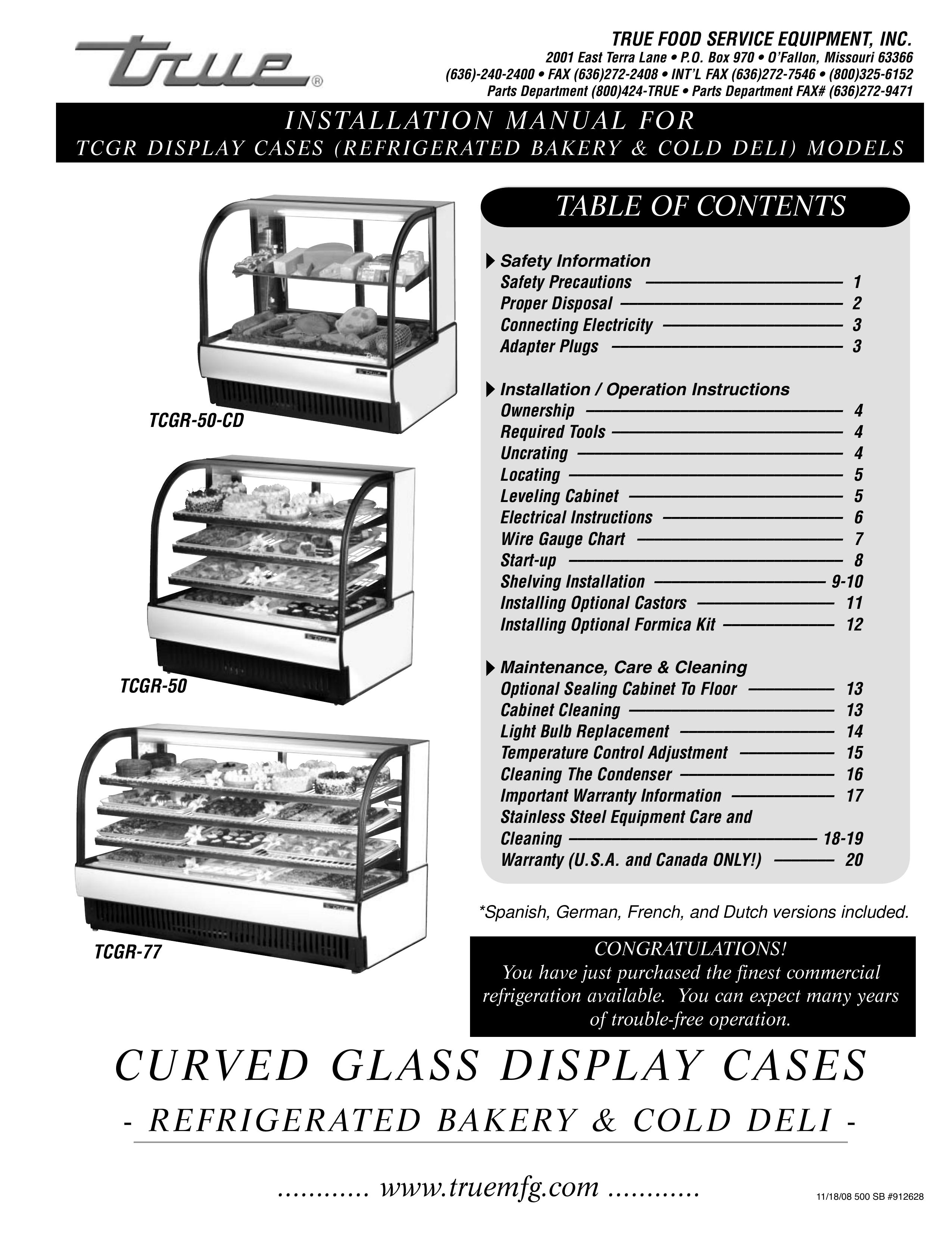 True Manufacturing Company TCGR-50 Refrigerator User Manual