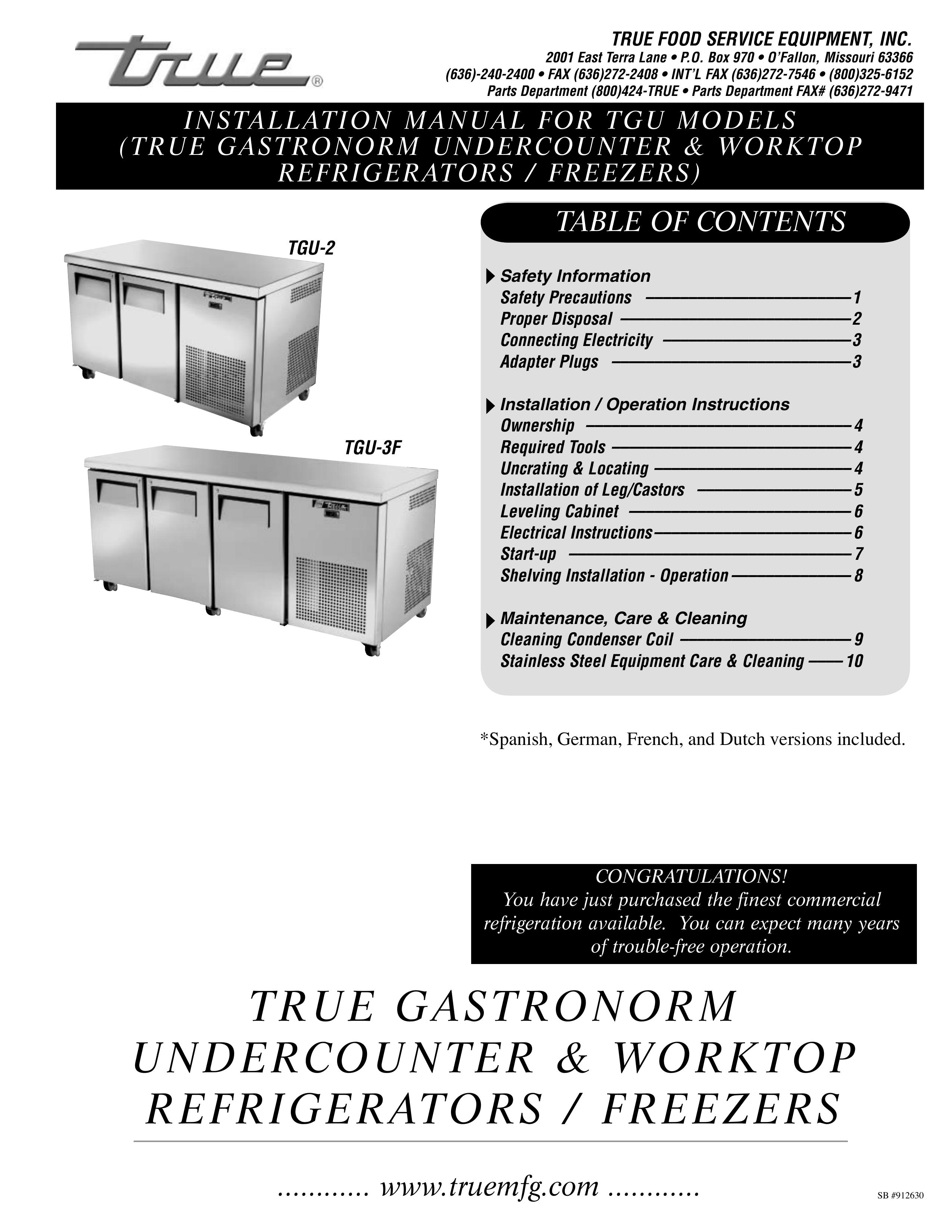 True Manufacturing Company TGU-2 Refrigerator User Manual