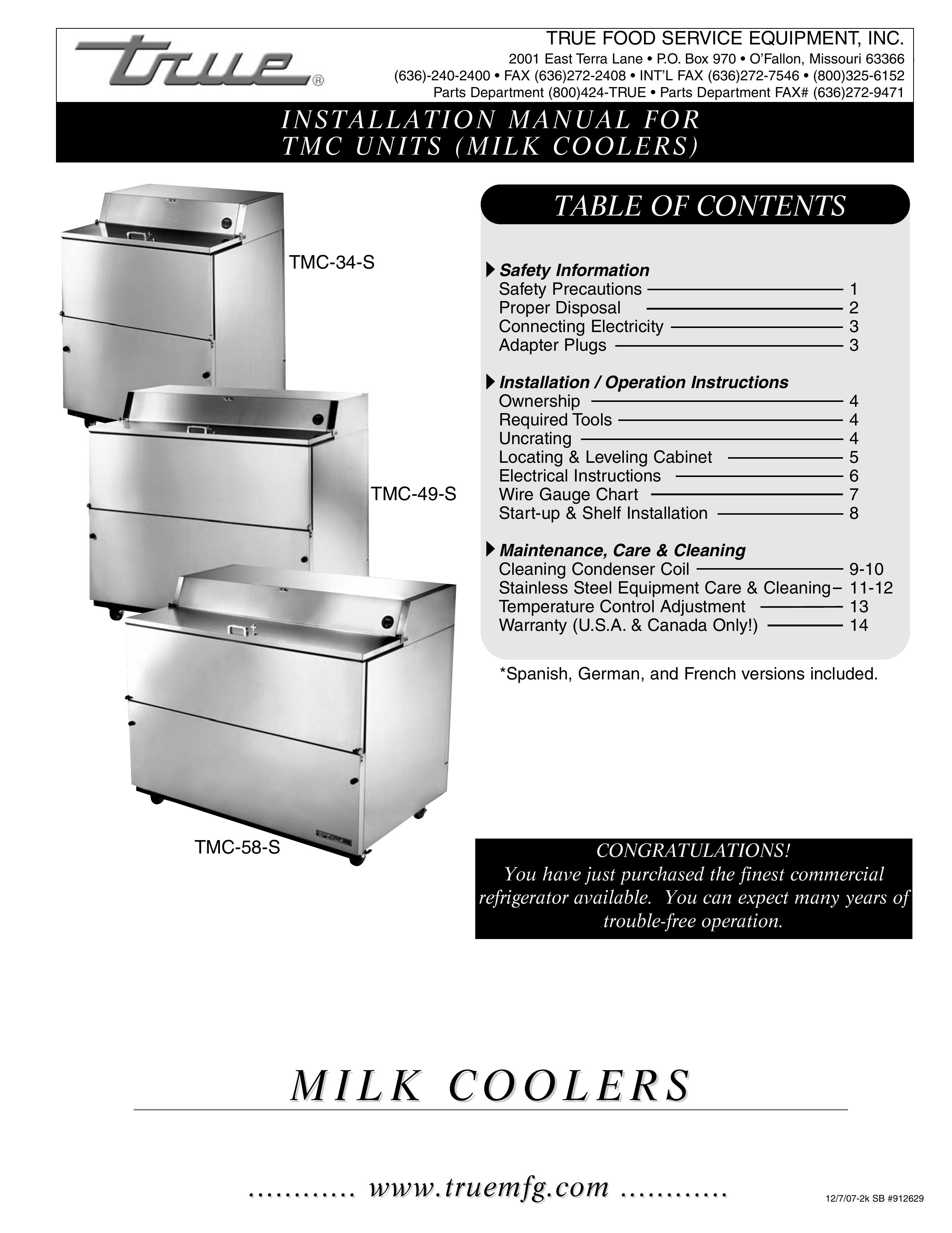 True Manufacturing Company TMC-34-S Refrigerator User Manual