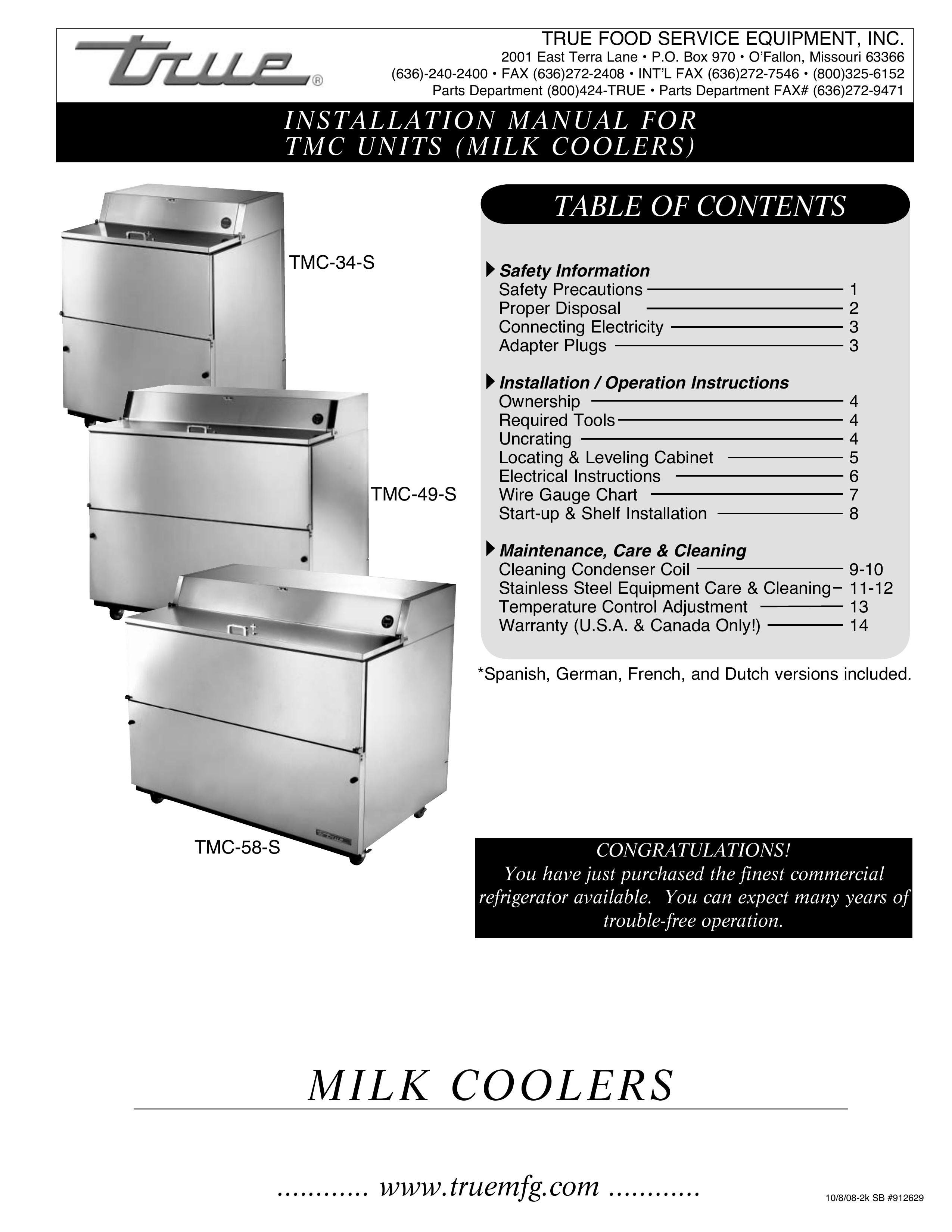 True Manufacturing Company TMC-34-SS Refrigerator User Manual