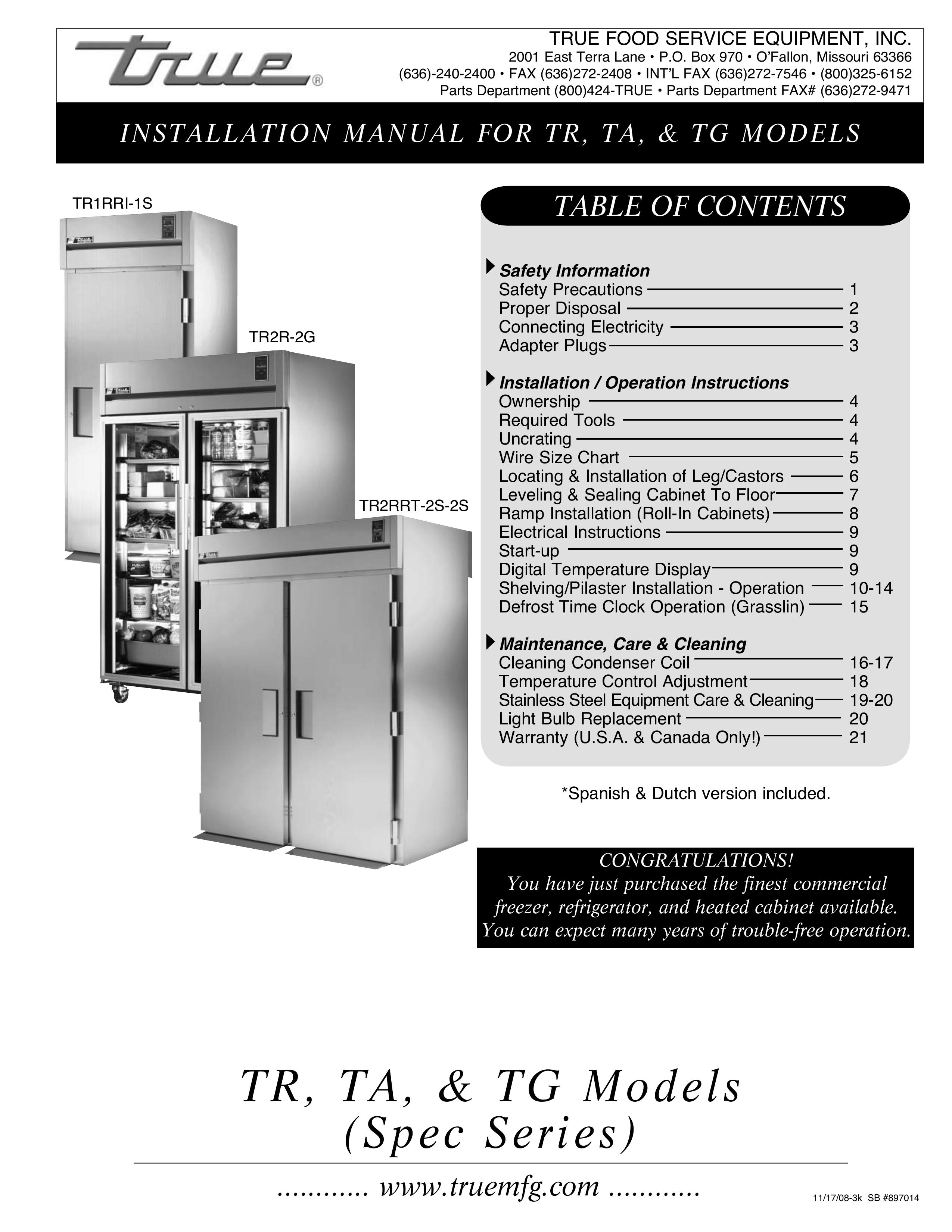 True Manufacturing Company TR1RRI-1S Refrigerator User Manual
