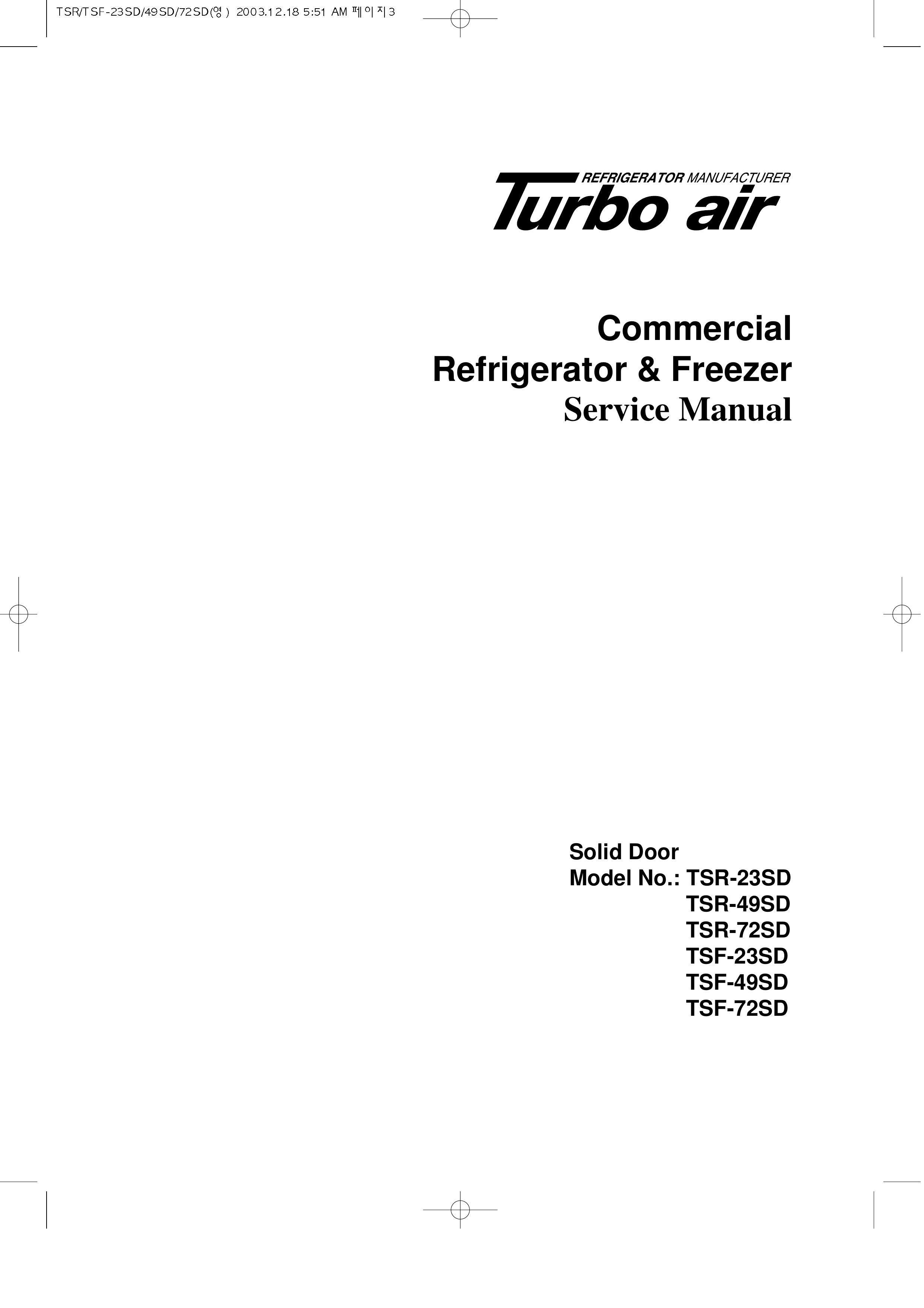 Turbo Air TSF-72SD Refrigerator User Manual
