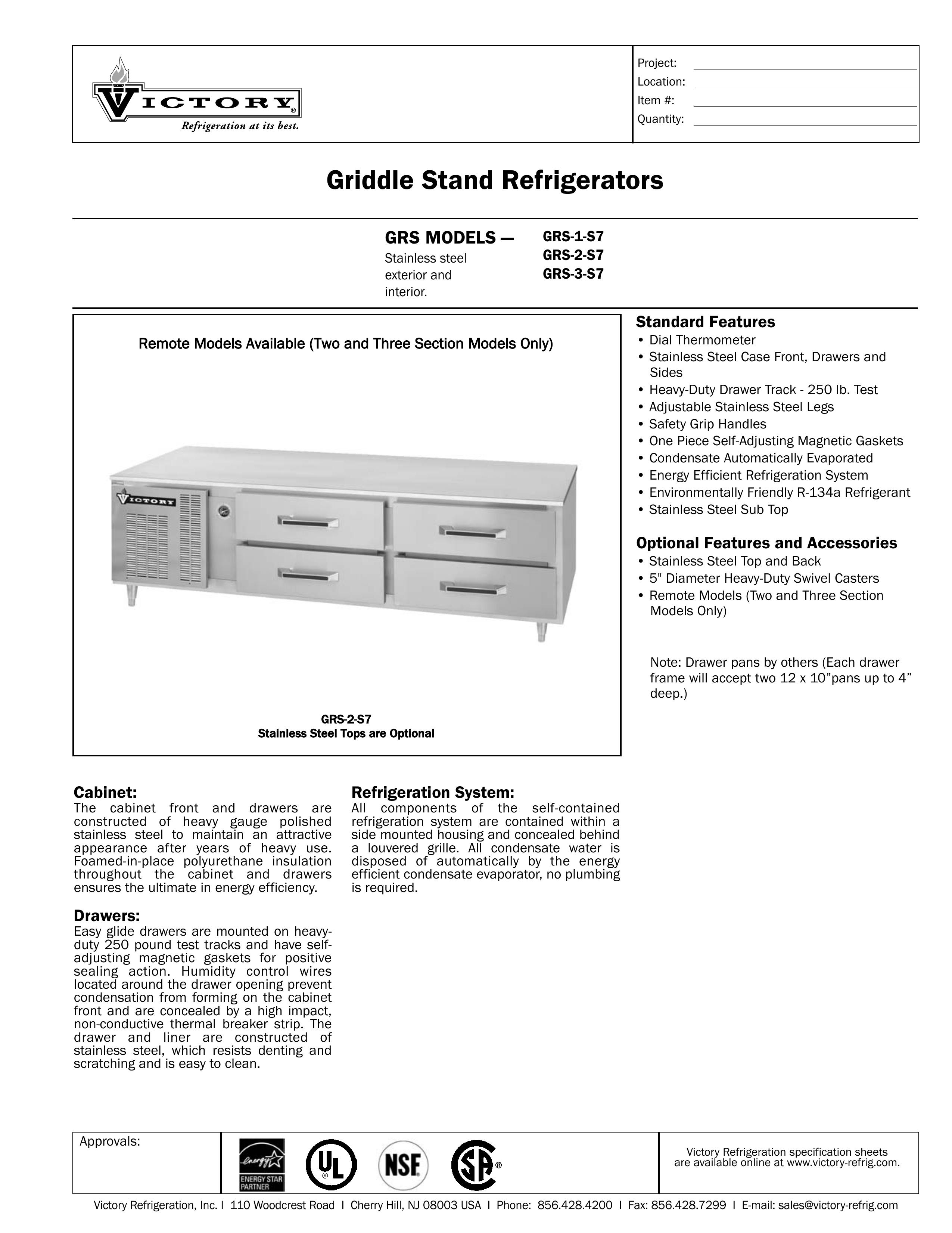 Victory Refrigeration GRS-3-S7 Refrigerator User Manual