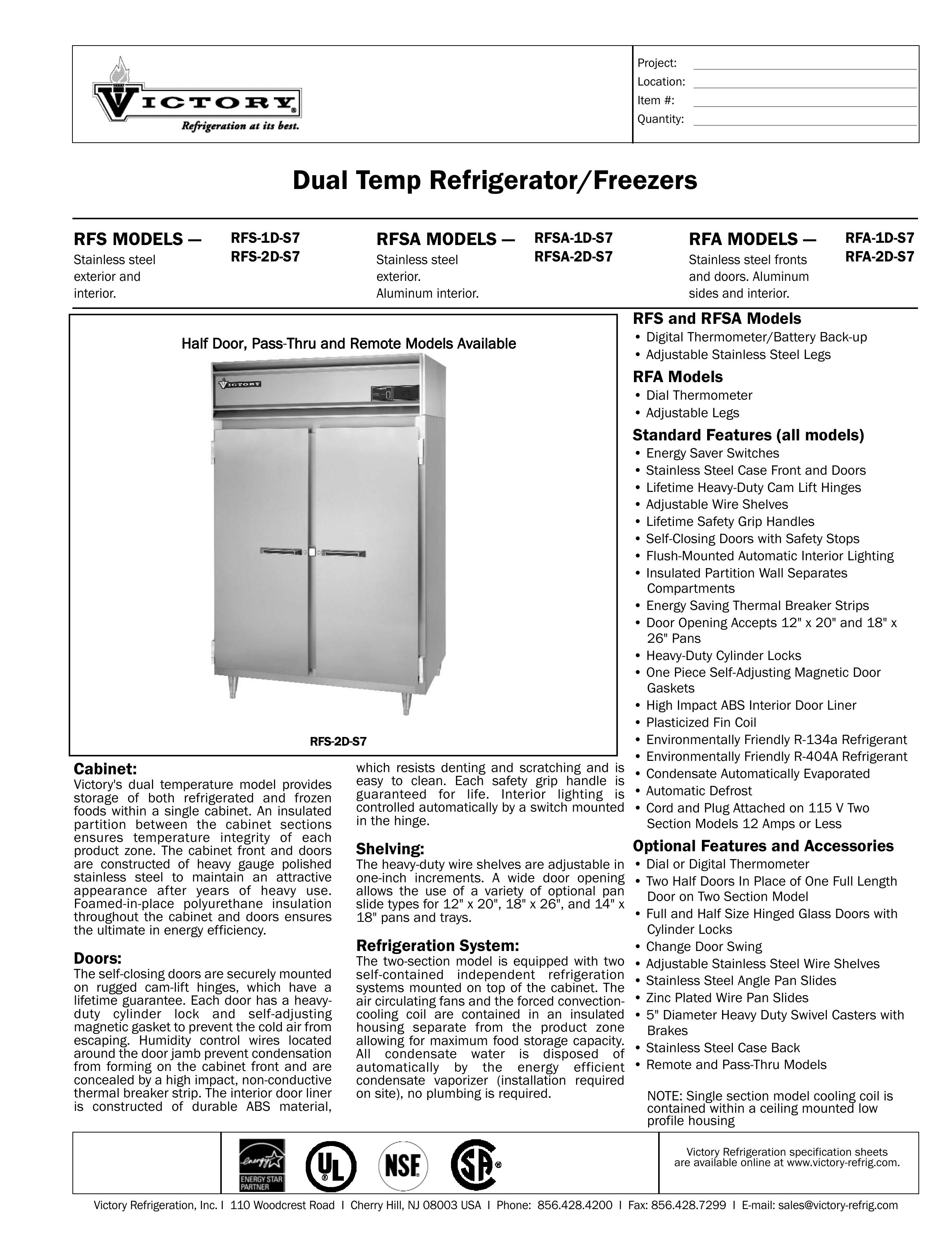 Victory Refrigeration RFA-1D-S7 Refrigerator User Manual