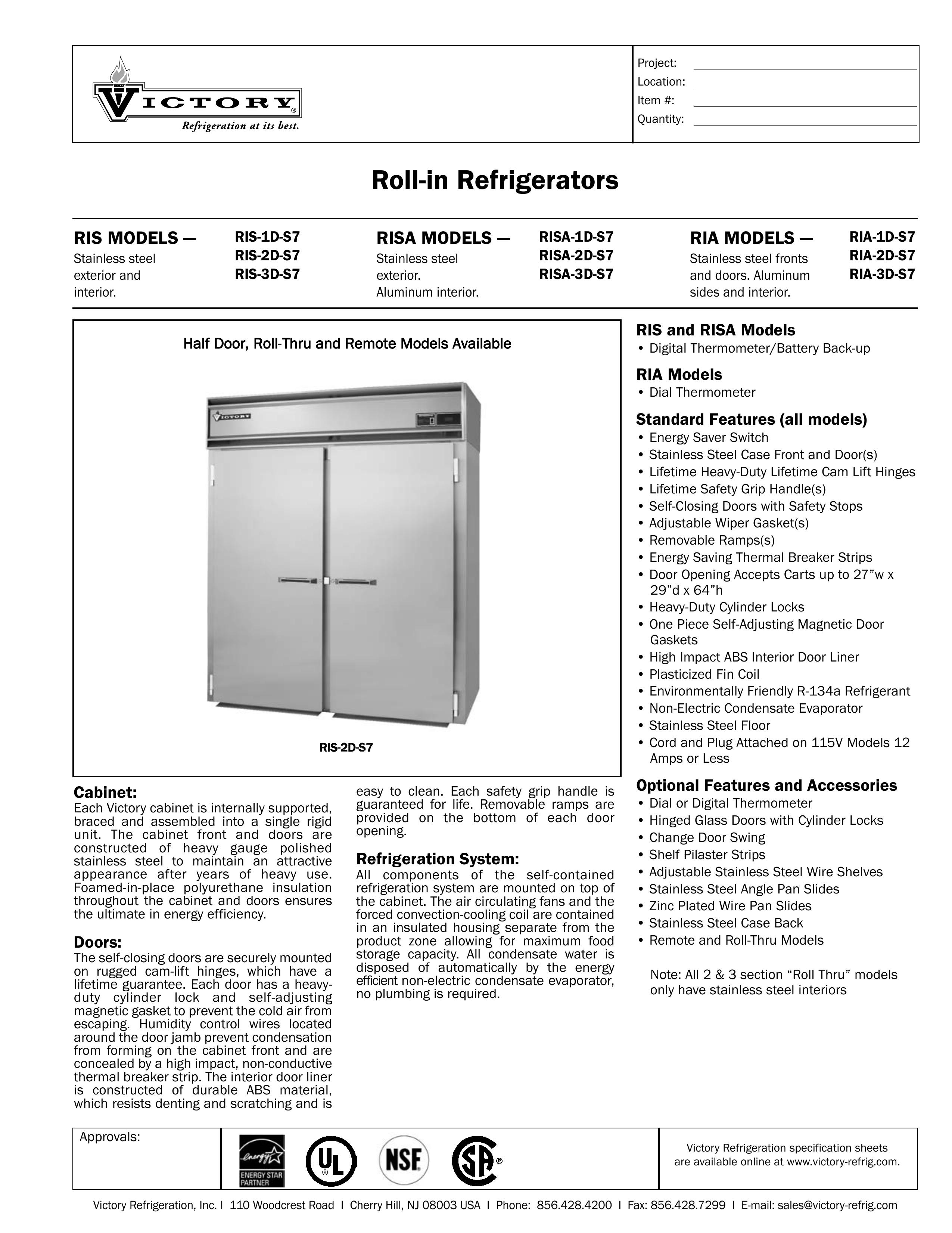 Victory Refrigeration RIA-2D-S7 Refrigerator User Manual