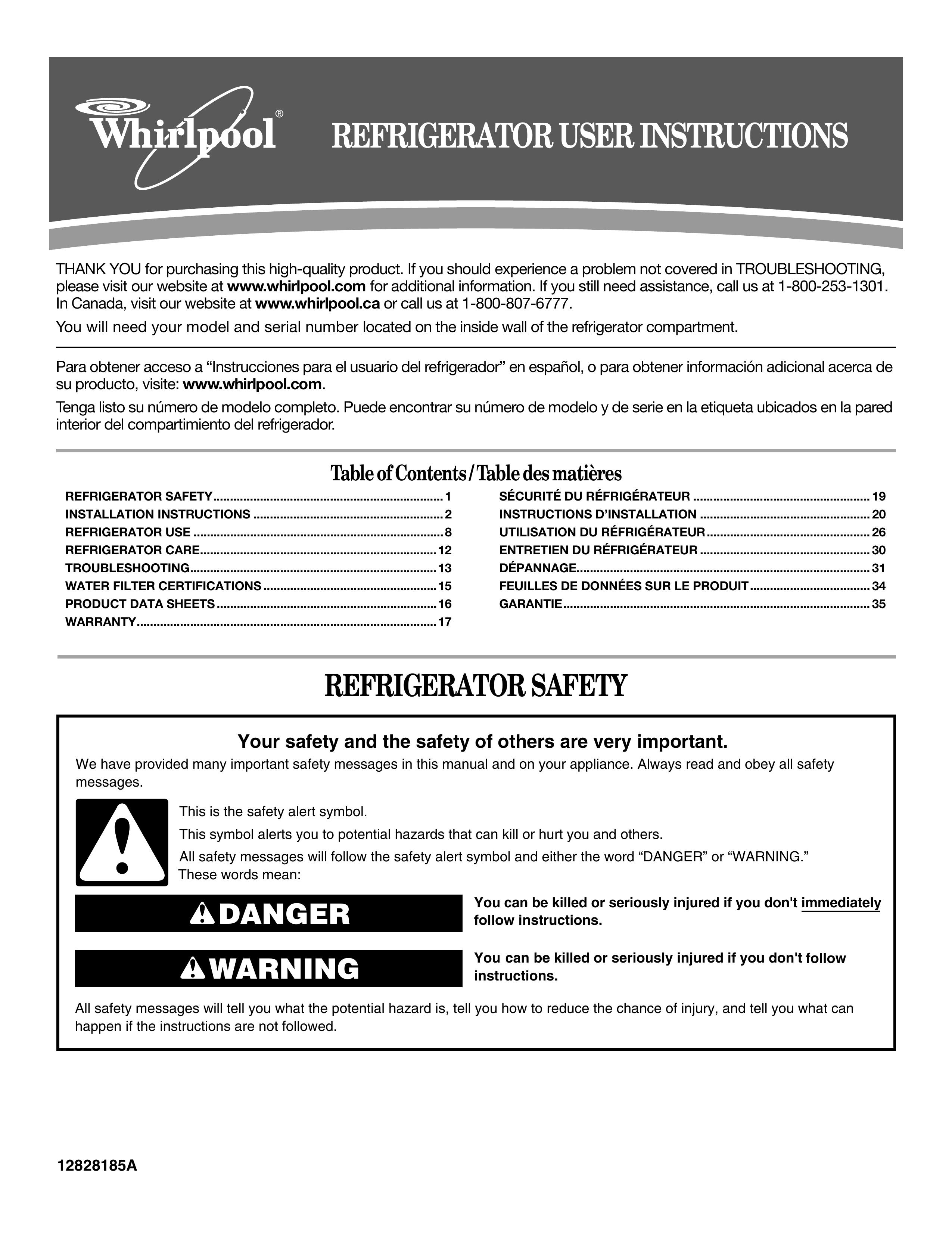 Whirlpool 12828185A Refrigerator User Manual