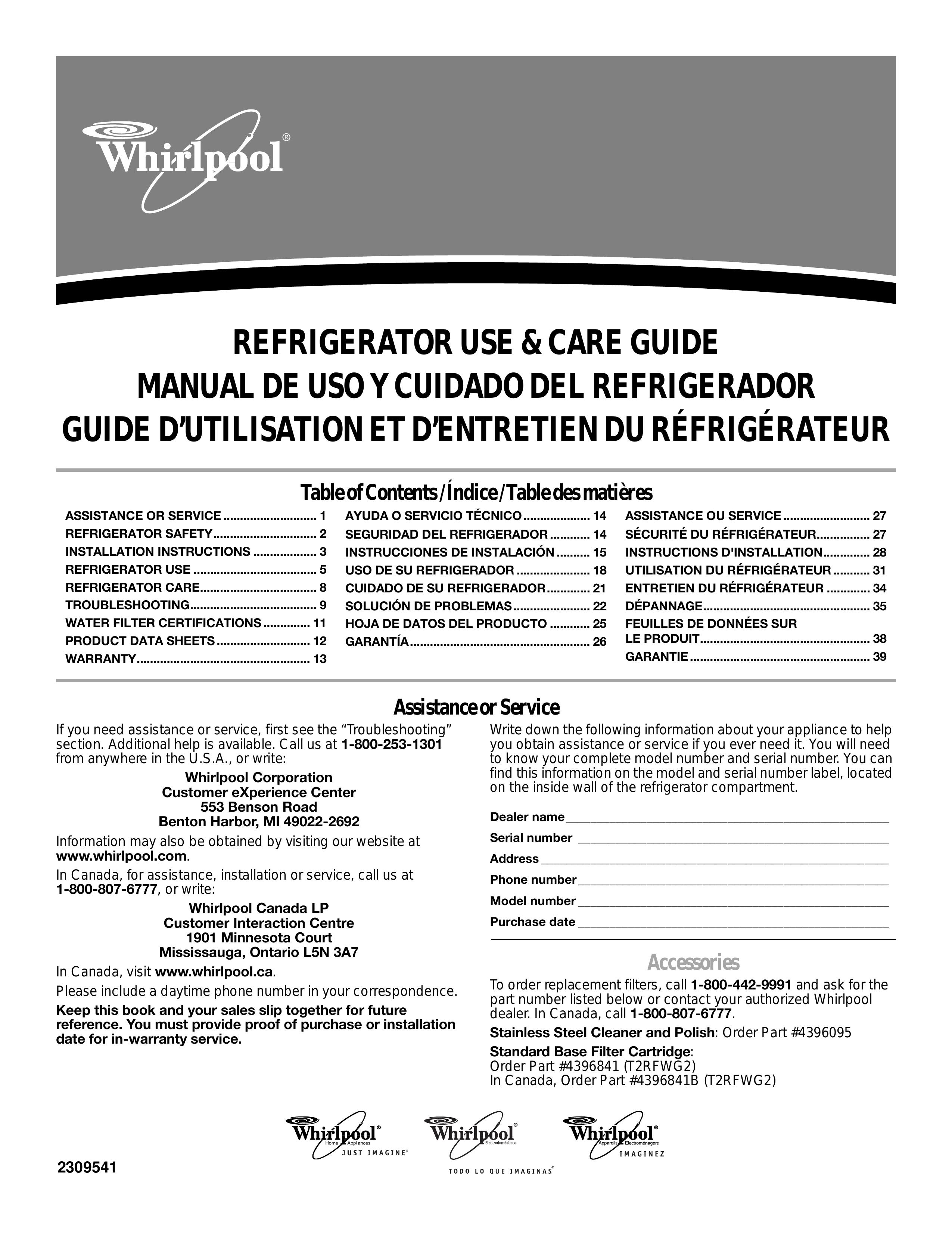 Whirlpool 2309541 Refrigerator User Manual