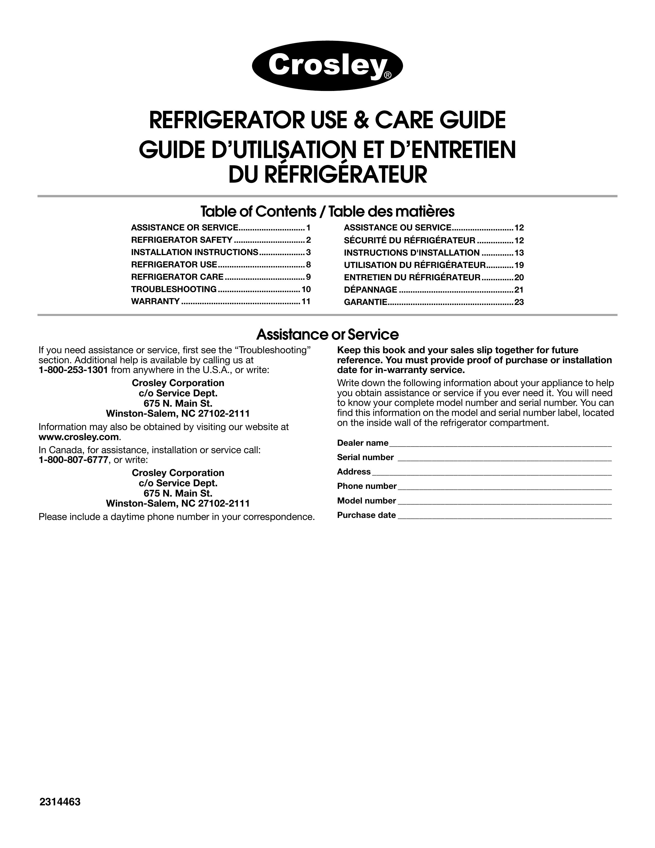 Whirlpool 2314463 Refrigerator User Manual