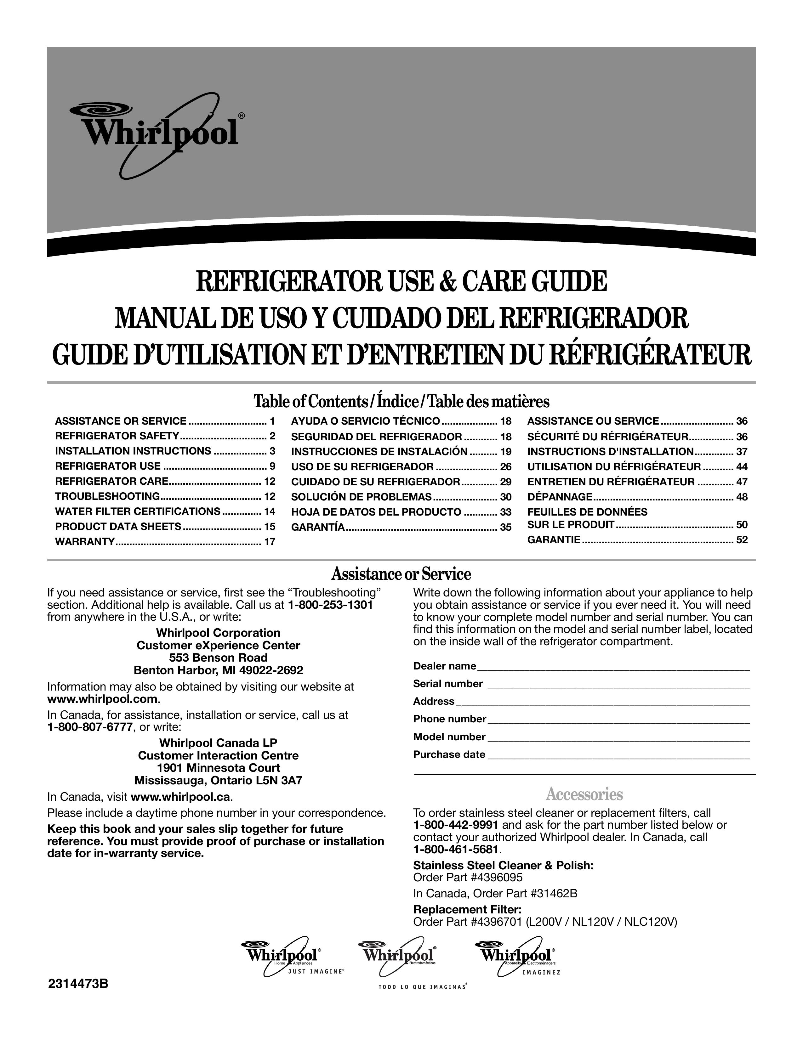 Whirlpool 2314473B Refrigerator User Manual