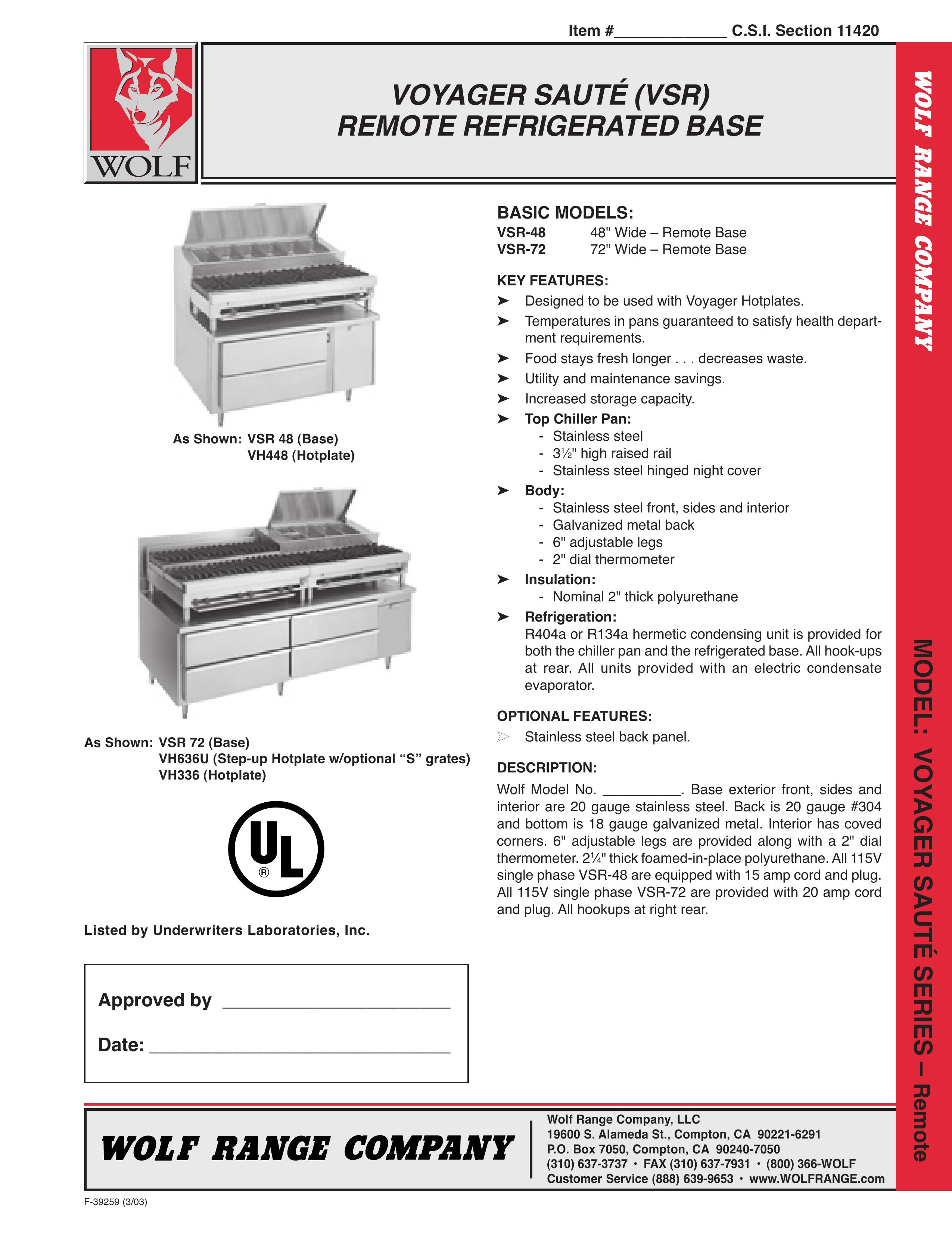 Wolf VSR-72 Refrigerator User Manual