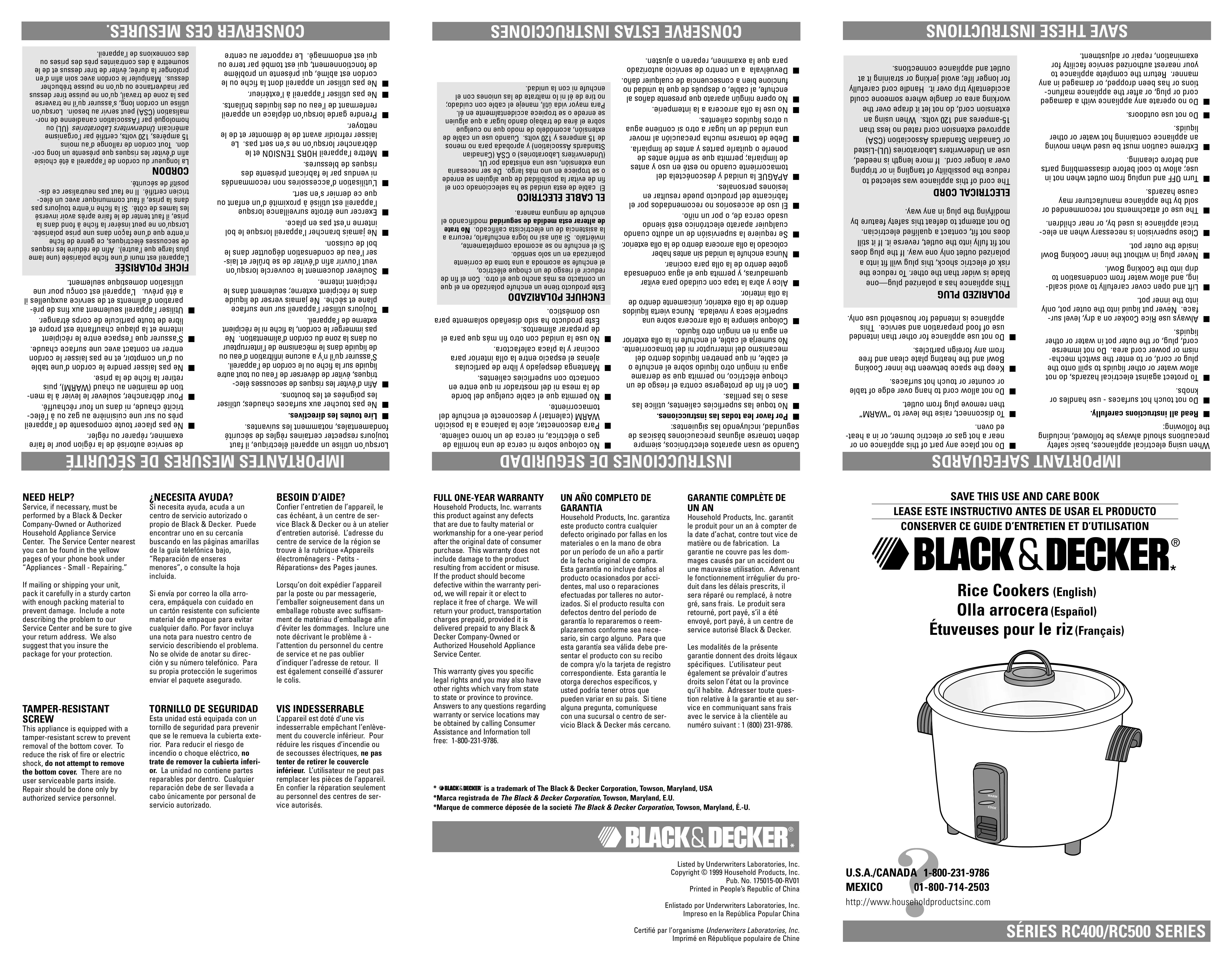 Black & Decker RC400/RC500 Rice Cooker User Manual