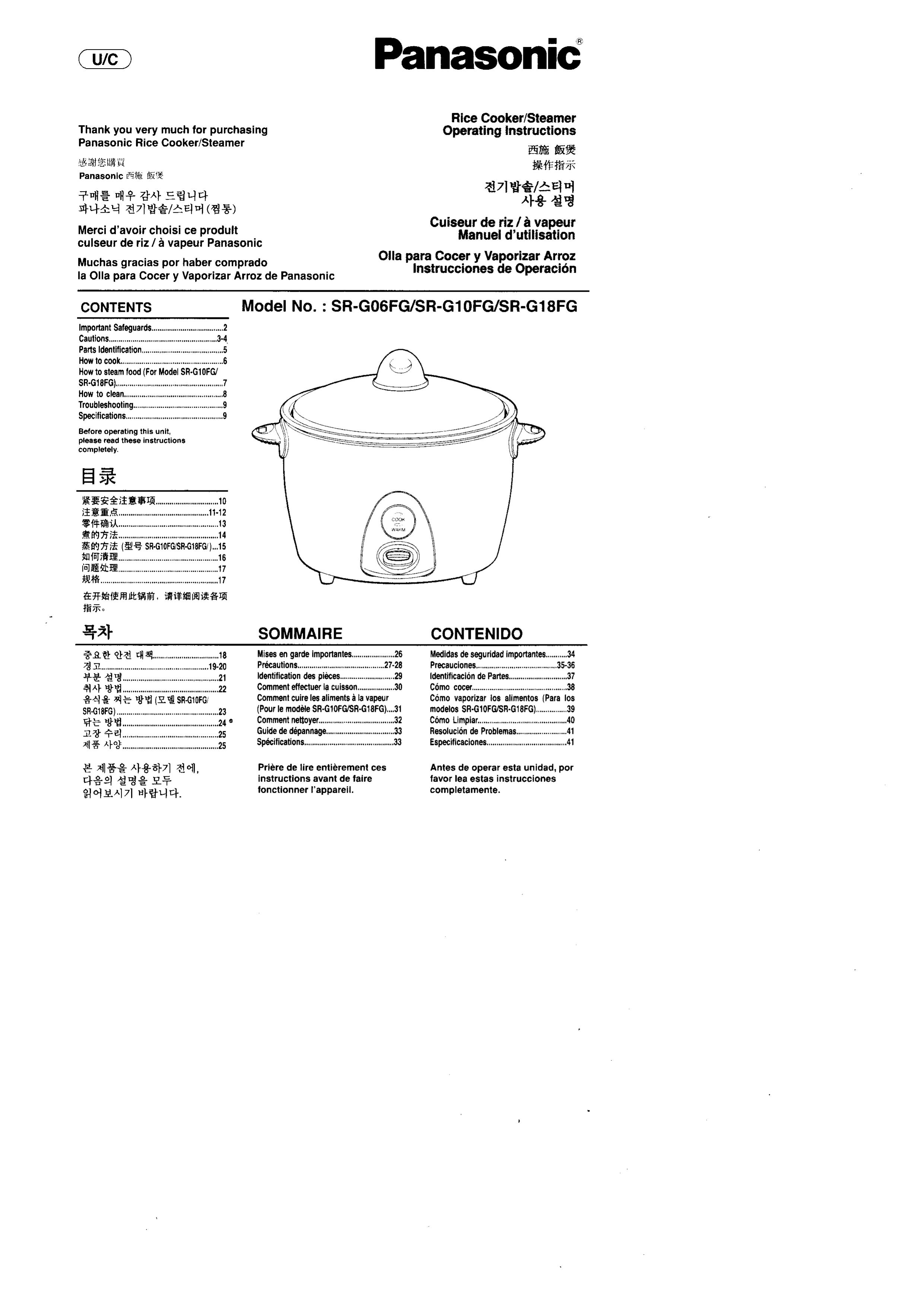 Panasonic SR'GO6FG/SR.G10FG/SR.GI8FG Rice Cooker User Manual