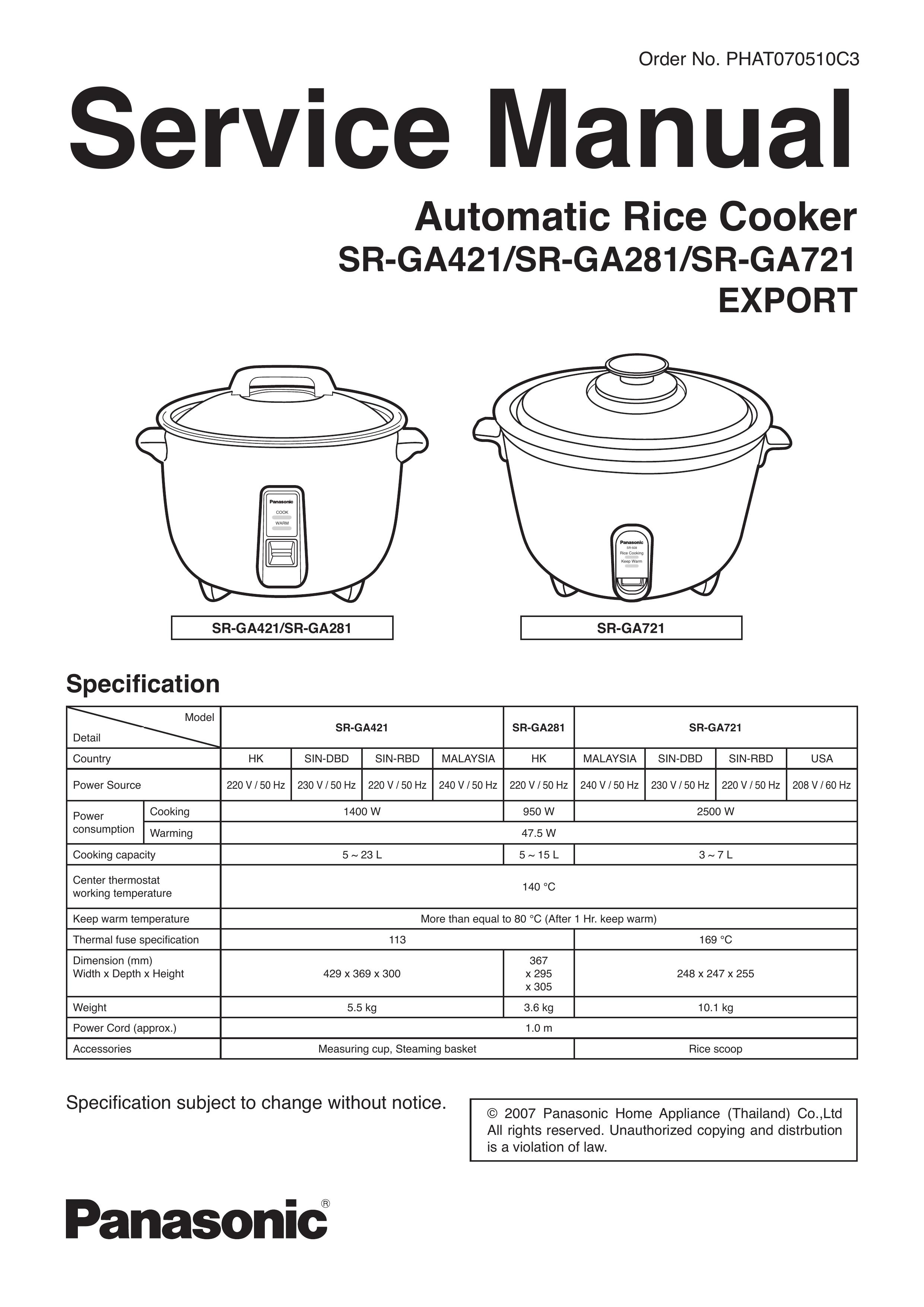 Panasonic SR-GA281 Rice Cooker User Manual