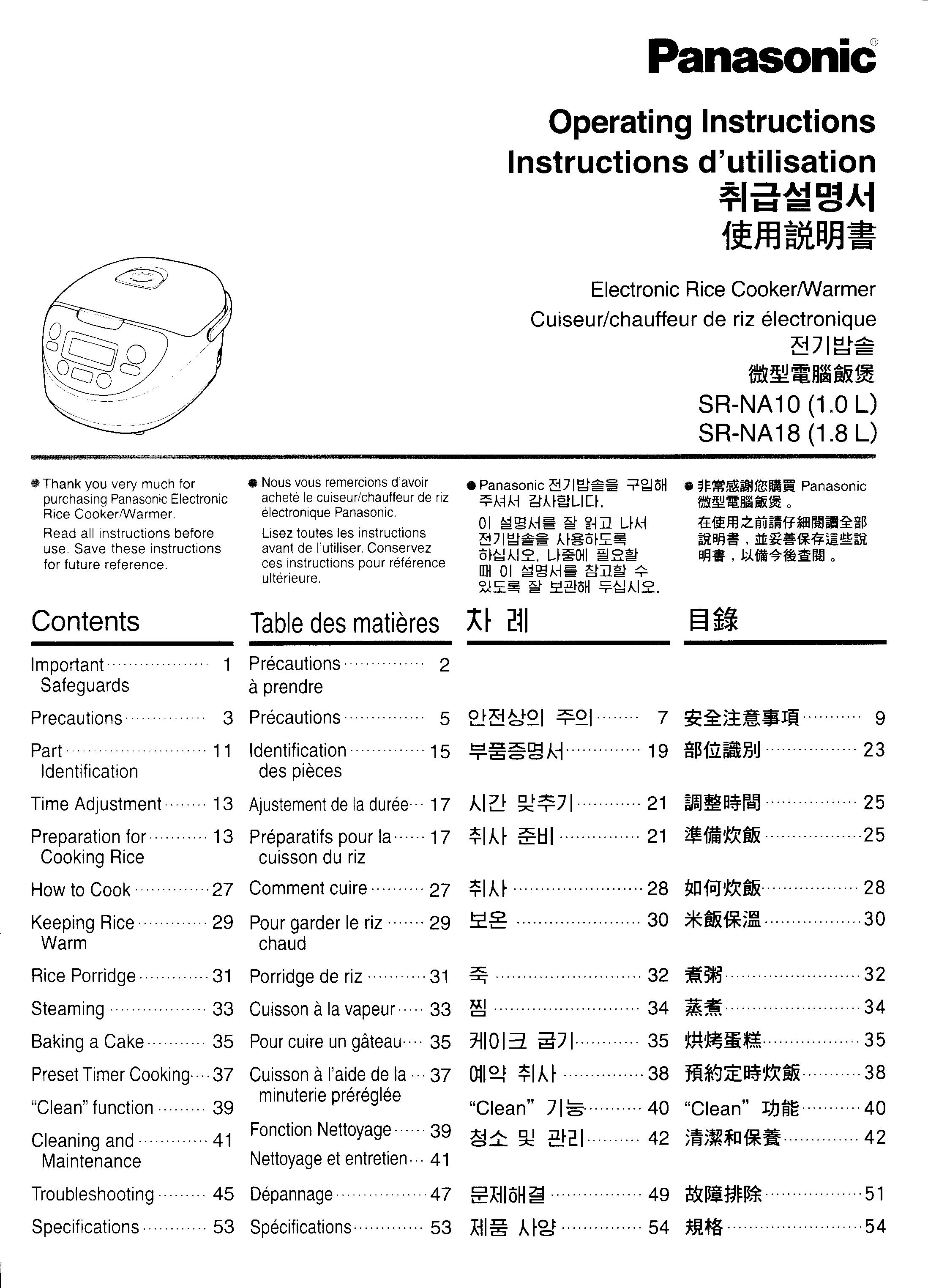 Panasonic SR-NA10 Rice Cooker User Manual