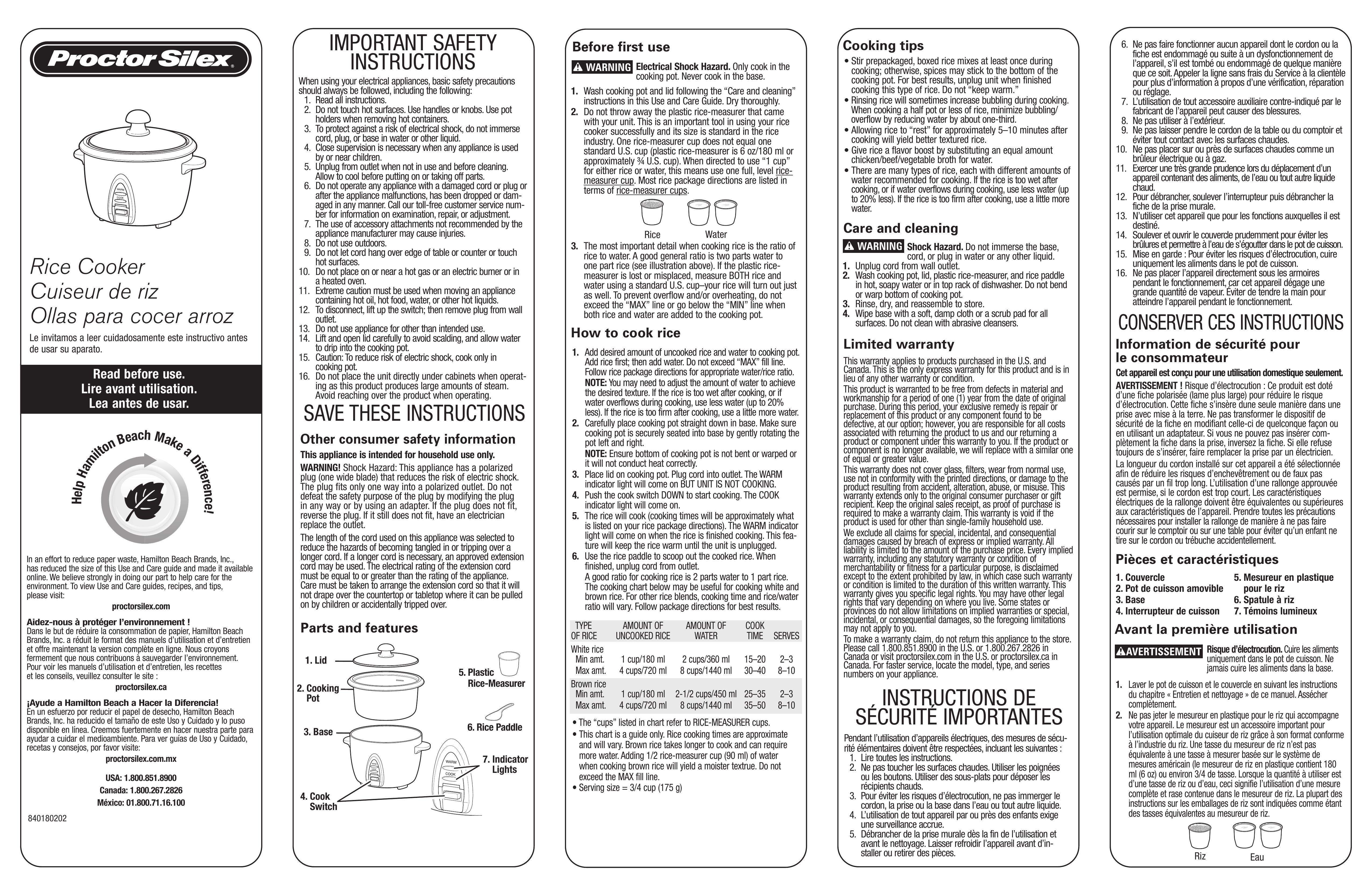 Proctor-Silex 840180202 Rice Cooker User Manual