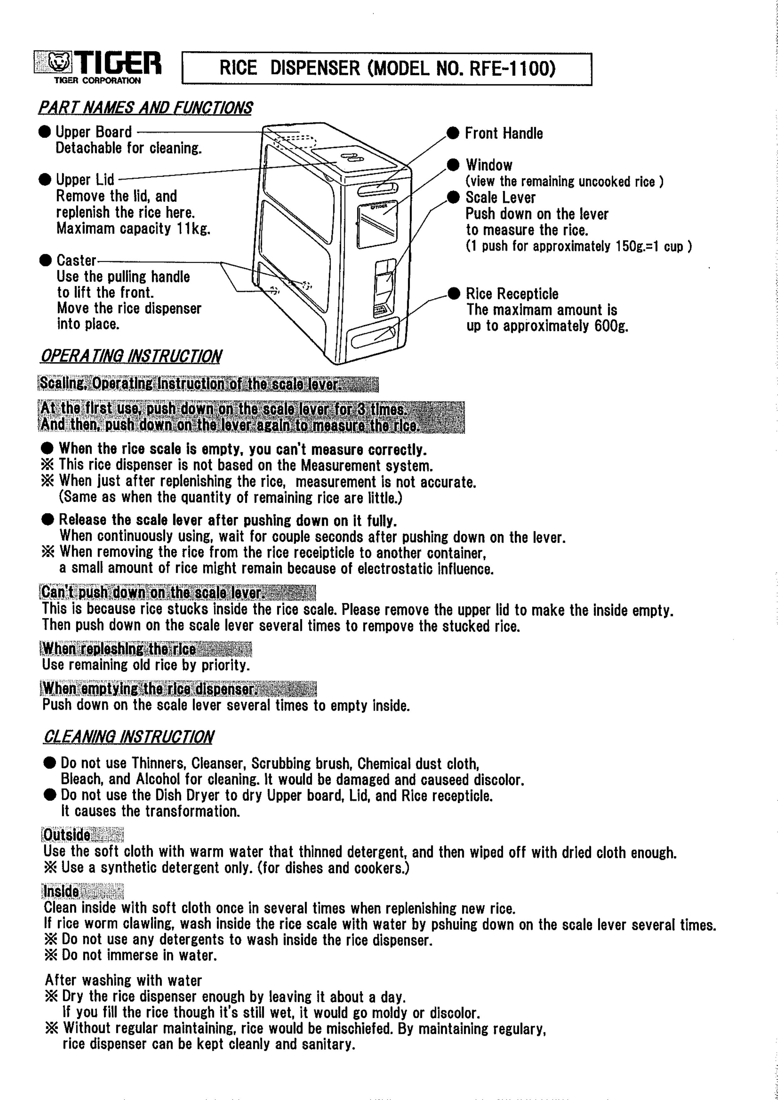 Tiger RFE-1100 Rice Cooker User Manual